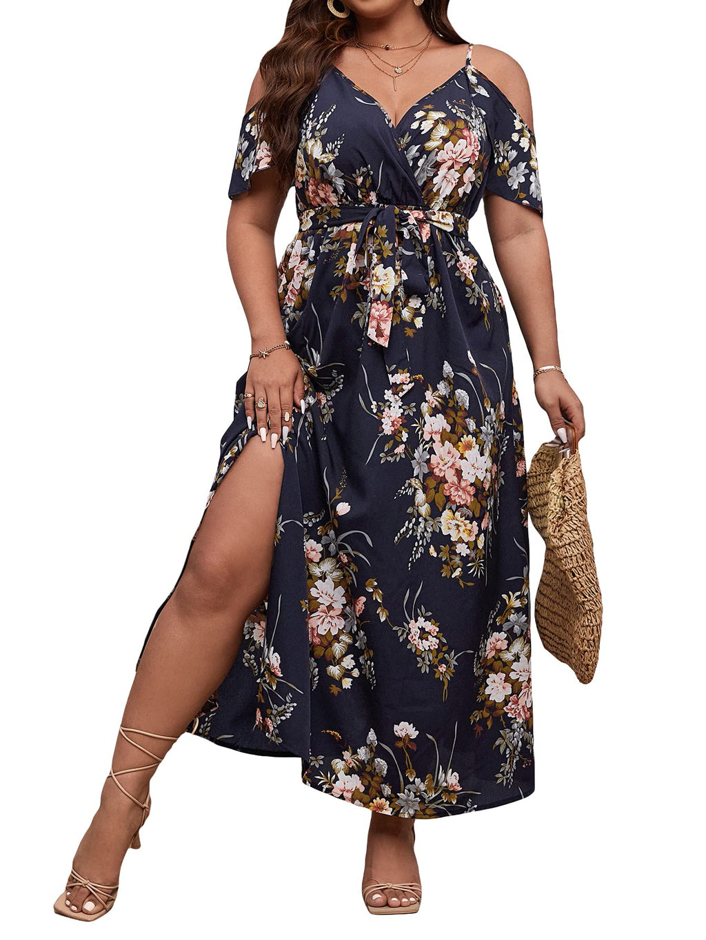 Floerns Women's Plus Size Cold Shoulder Short Sleeve Split Thigh Long Dress Black Floral