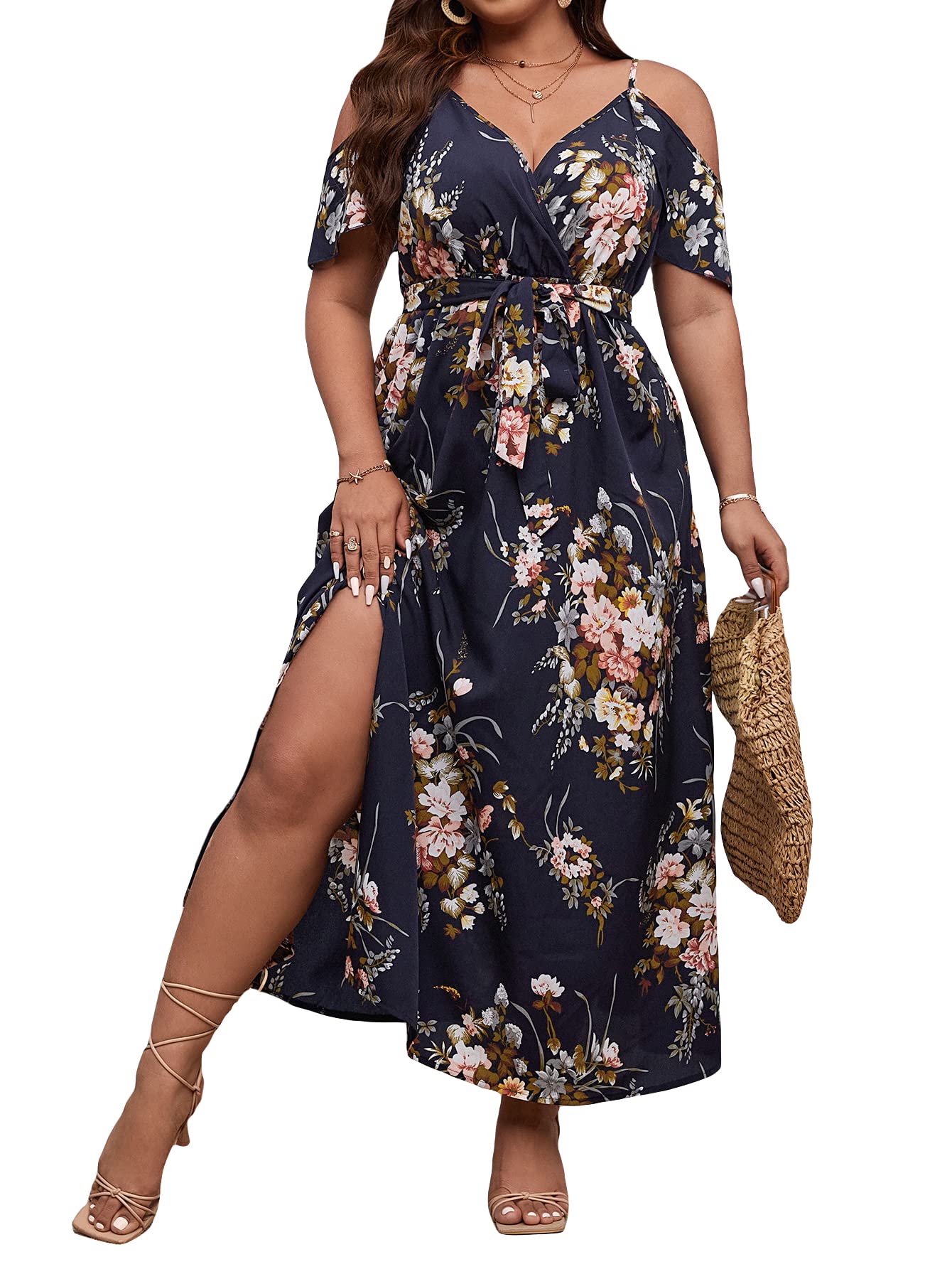 Floerns Women's Plus Size Cold Shoulder Short Sleeve Split Thigh Long Dress Black Floral
