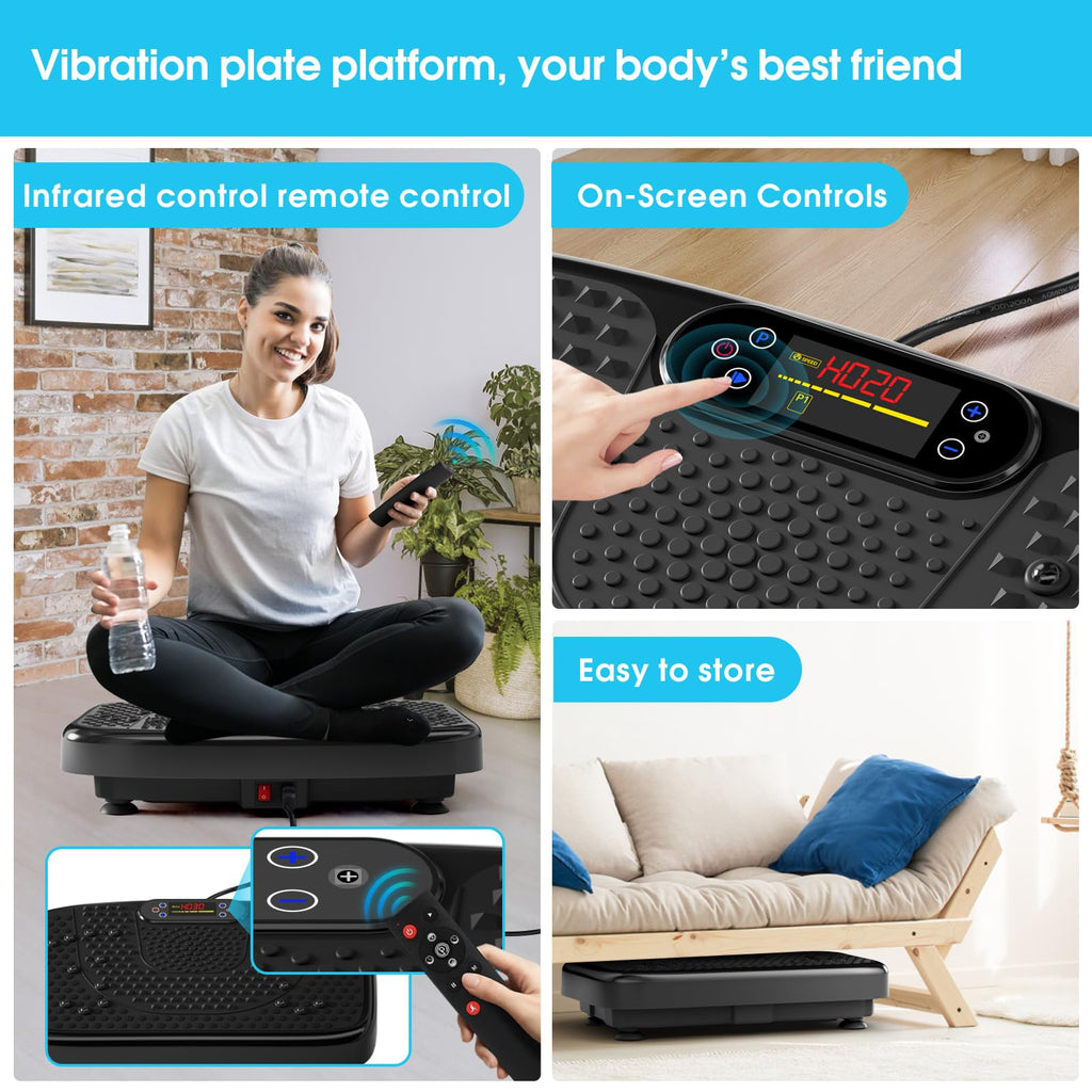 SoftGym Vibration Plate Exercise Machine for Lymphatic Drainage,Power Vibrate Stand Shake Board 450 Lbs Capacity Whole Body Workout Waver with Resistance Bands Weight Loss Gifts for Women Men-Black