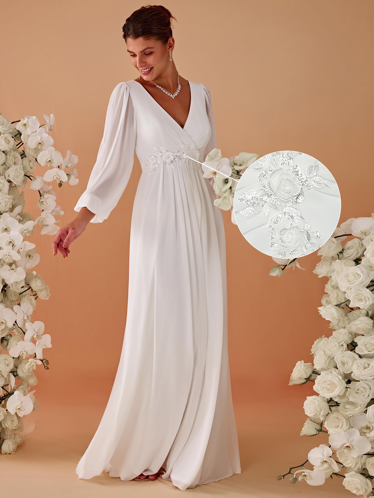 Ever-Pretty Women's V Neck Long Lantern Sleeves Floor Length Ruched Chiffon A-Line Formal Evening Dress Cream US10