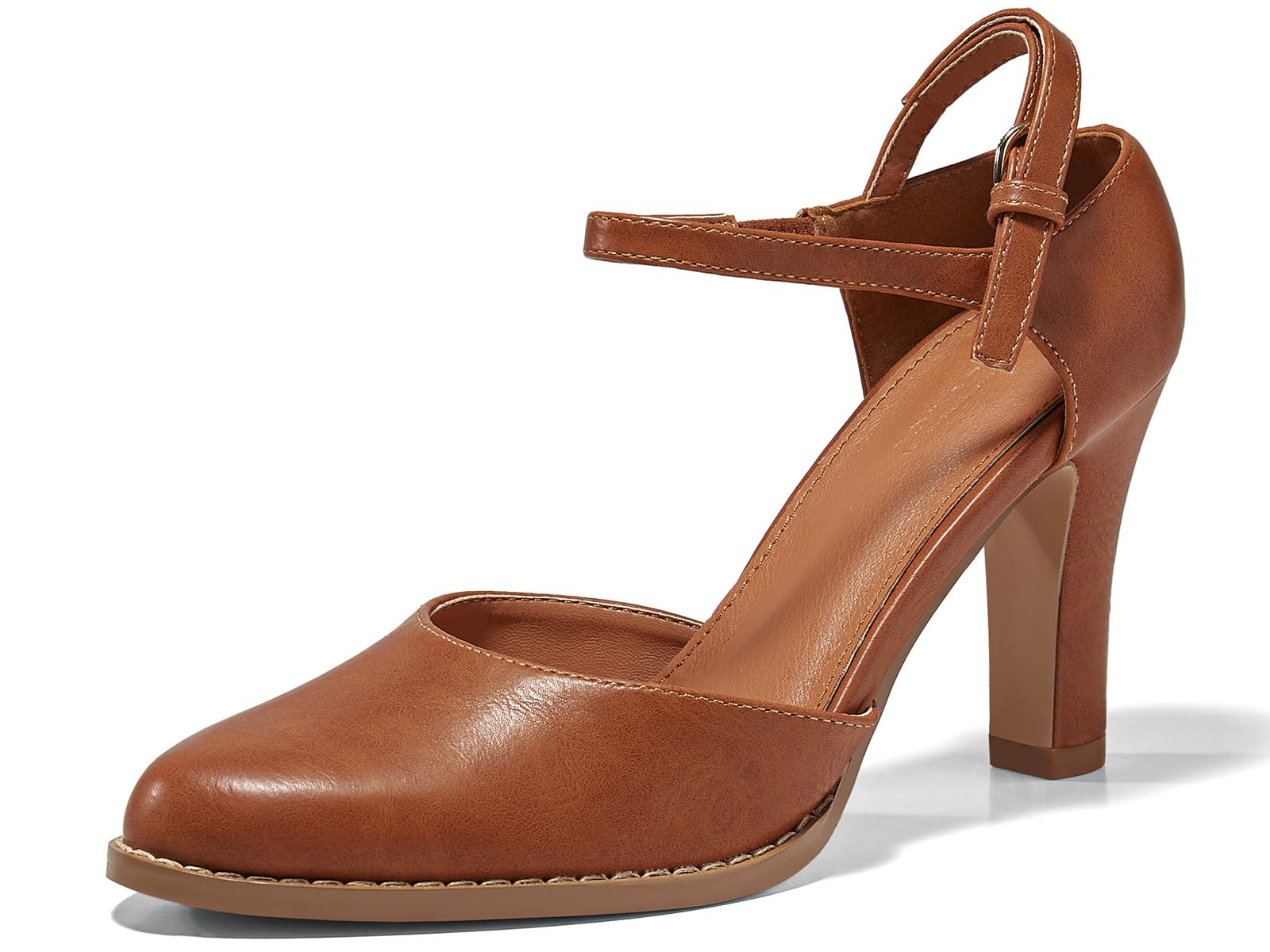 Coutgo Womens Chunky High Heels Closed Pointed Toe Ankle Strap Pumps Vintage D'Orsay Dress Party Shoes, Brown, Size 8.5