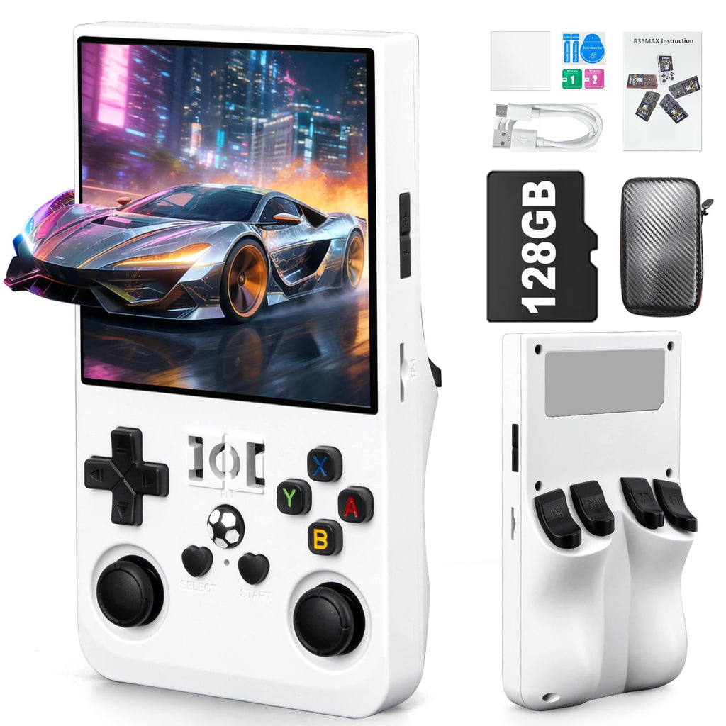 Rhesusco R36MAX Handheld Game Console - Support 22000+Classic Games,128G TF Card,Portable Console with 4.0-Inch Screen,Open Source System,4000mAh Battery,Birthday Gift for Adult or Partner - White