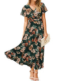 Simplee Womens Floral Maxi Dress - Short Sleeve Summer Boho Wedding Guest Dress Empire Waist Chiffon Modest Midi Dresses Green,L