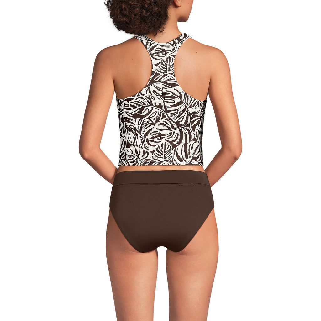 Lands' End Women's High Neck Racerback Midkini Top 2 Brown Mini Tropic Leaves