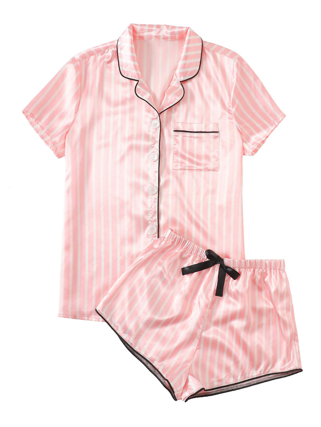 WDIRARA Women's Sleepwear Satin Short Sleeve Shirt and Shorts Pajama Set Striped Pink M