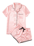WDIRARA Women's Sleepwear Satin Short Sleeve Shirt and Shorts Pajama Set Striped Pink M