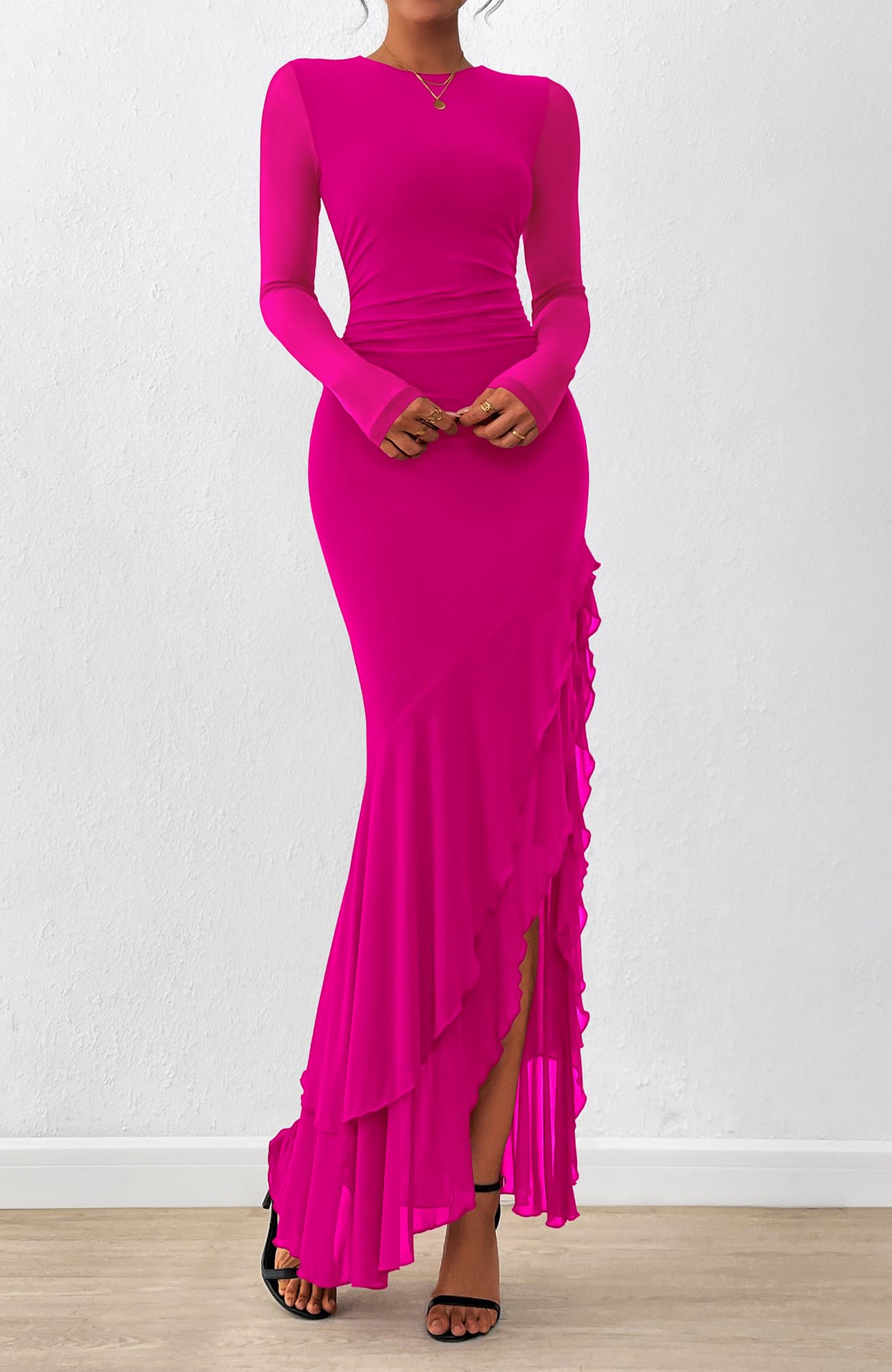 BTFBM Women's Maxi Dresses Fall 2025 Long Sleeve Ruched Bodycon Solid Ruffle Mermaid Cocktail Wedding Guest Dress(Rose Red,Small)