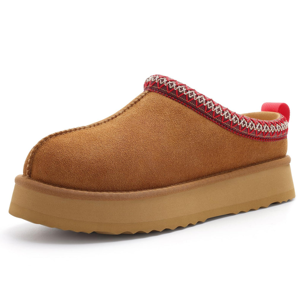 KIDMI Genuine Suede Platform Slippers for Women Fuzzy Winter Warm Shoes Indoor Outdoor, Chestnut 39