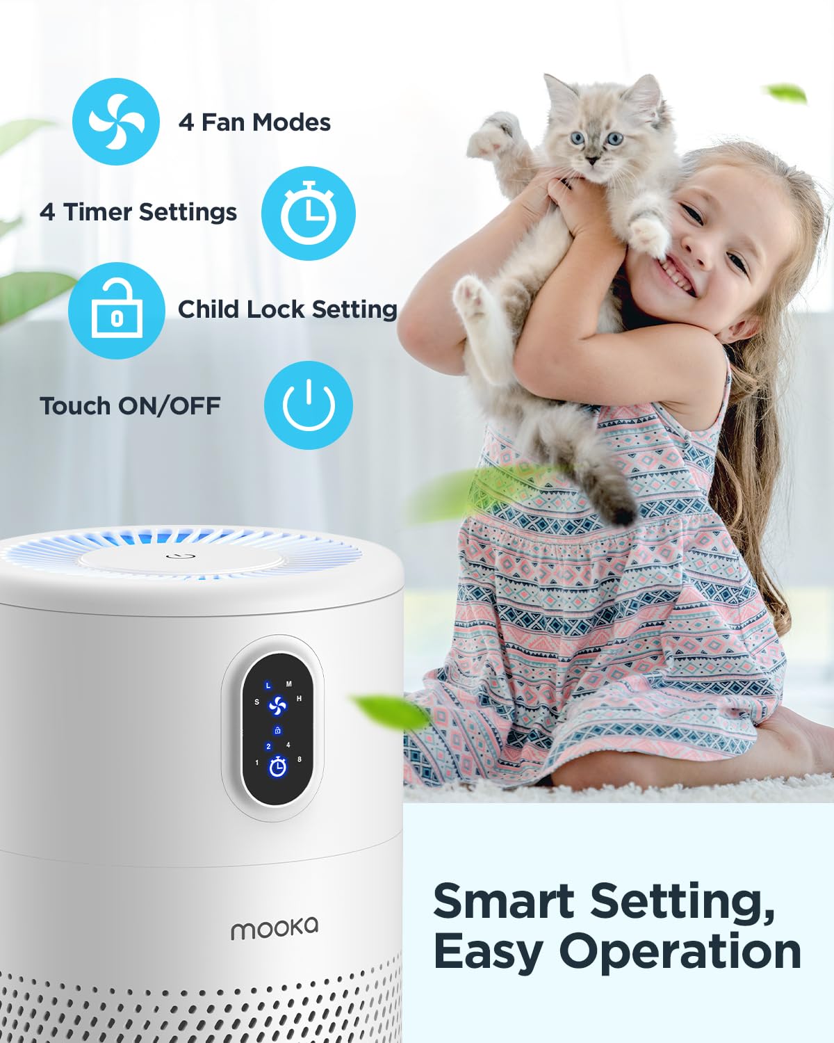 MOOKA Air Purifiers for Home Large Room up to 1076ft², H13 True HEPA Air Filter Cleaner, Odor Eliminator, Remove Smoke Dust Pollen Pet Dander, Night Light, B-D02L White