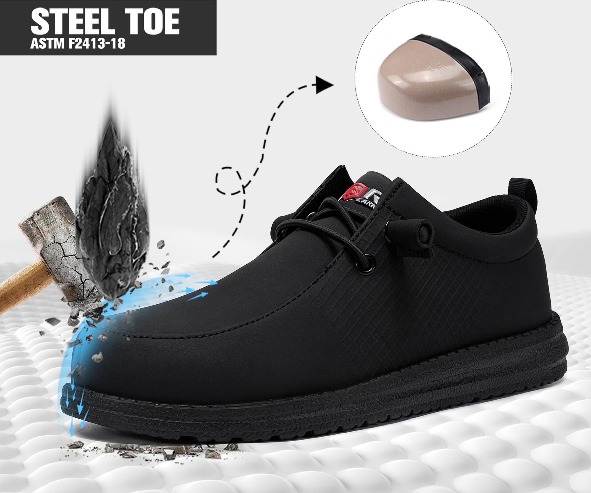 LARNMERN Slip On Steel Toe Shoes Men Lightweight Comfortable Lounging Walking Sneakers Safety Work Steel Toe Loafers (12 Men, Black Leather)