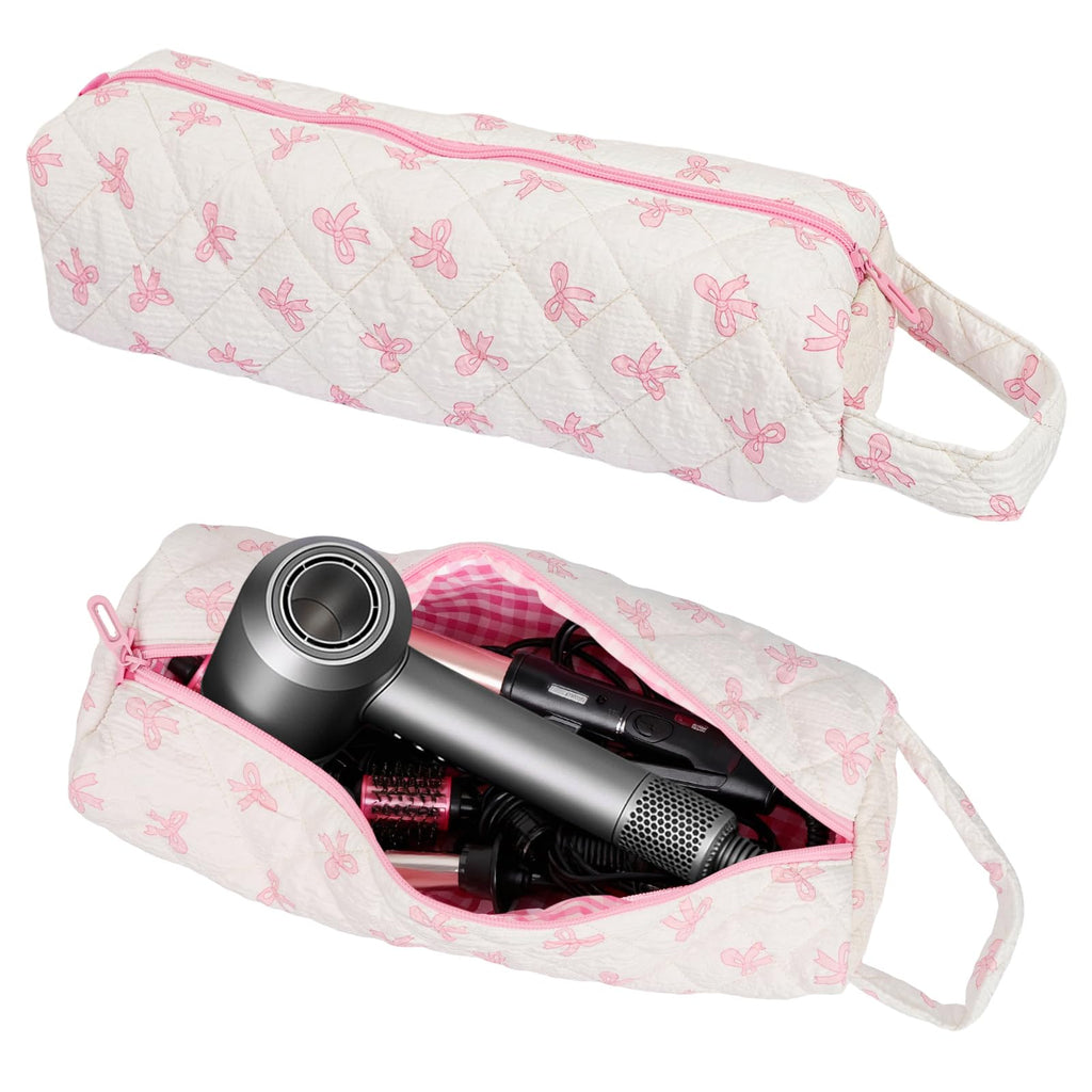 Canumer Hair Tools Organizer Bag with Bow Pattern for Curling Irons, Flat Irons, Hair Dryers and Styling Tools, Portable Pink Travel Case, Haircare Accessories Travel Essentials(14" x 3.1" x 4.9")