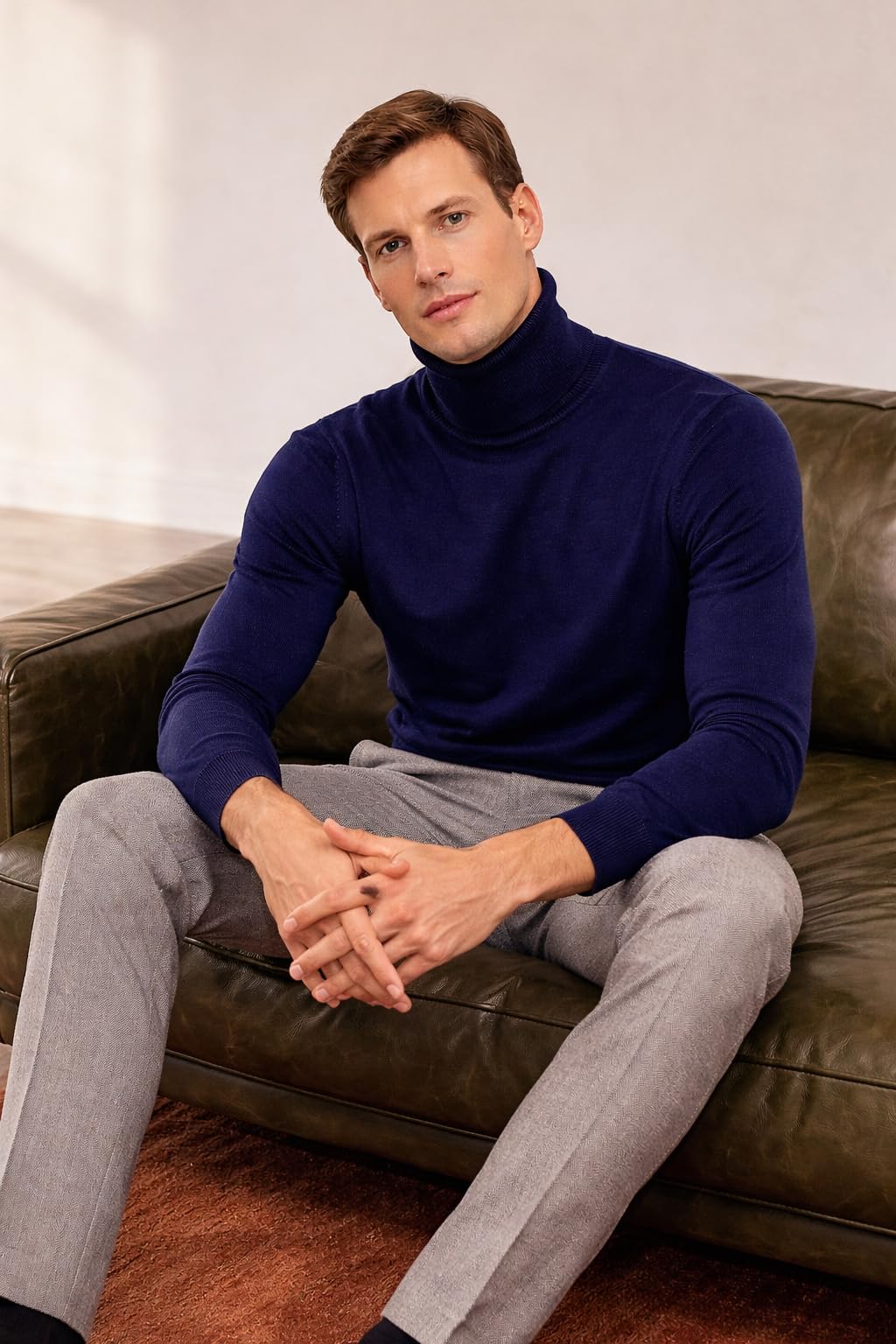 State Cashmere Men's Essential Turtleneck Sweater 100% Pure Cashmere Classic Long Sleeve Pullover (Navy, Large)