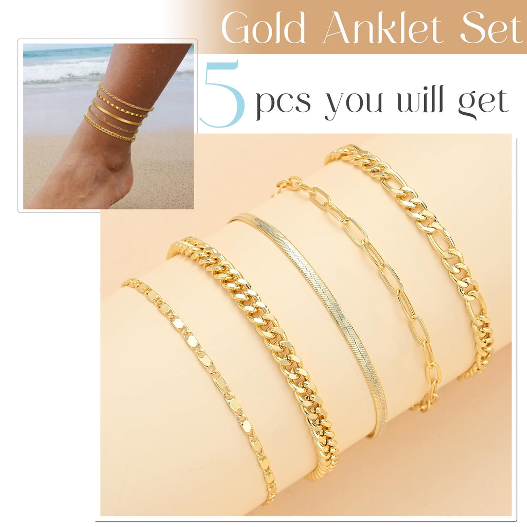 iF YOU Gold Ankle Bracelets for Women, 14k Gold Plated Waterproof Cuban Link Chain Anklets Set, Layered Anklet Bracelets for Women Beach Gift Adjustable Size 5pc