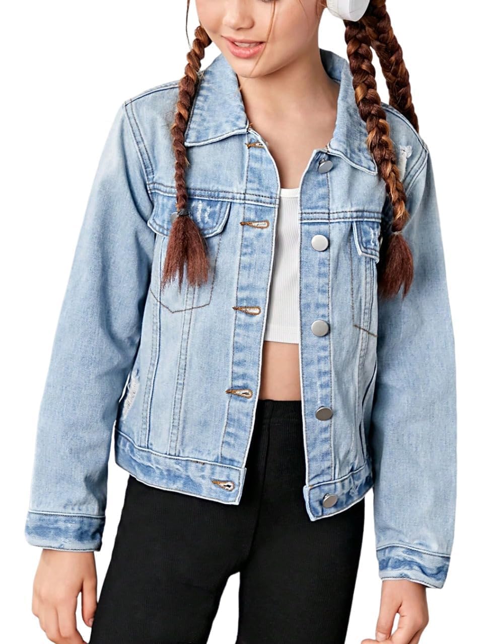 WDIRARA Girl's Ripped Flap Pocket Button Front Long Sleeve Collared Denim Jacket Light Wash 11Y