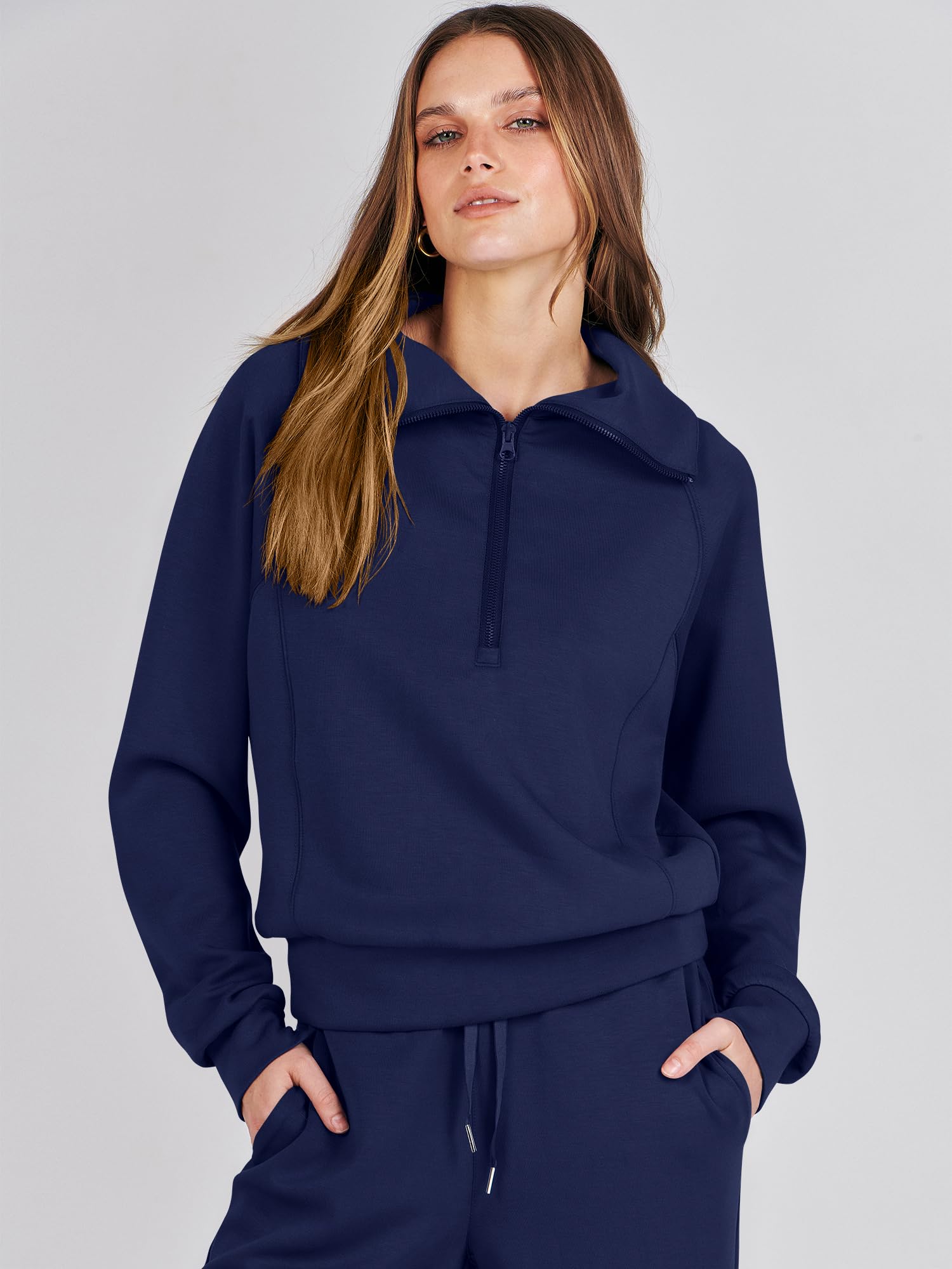 ANRABESS Women 2 Piece Outfits 2025 Fall Fashion Airport Wide Leg Pants Lounge Set Leisure Travel Vacation Clothes Sweatsuits Navy Blue Large