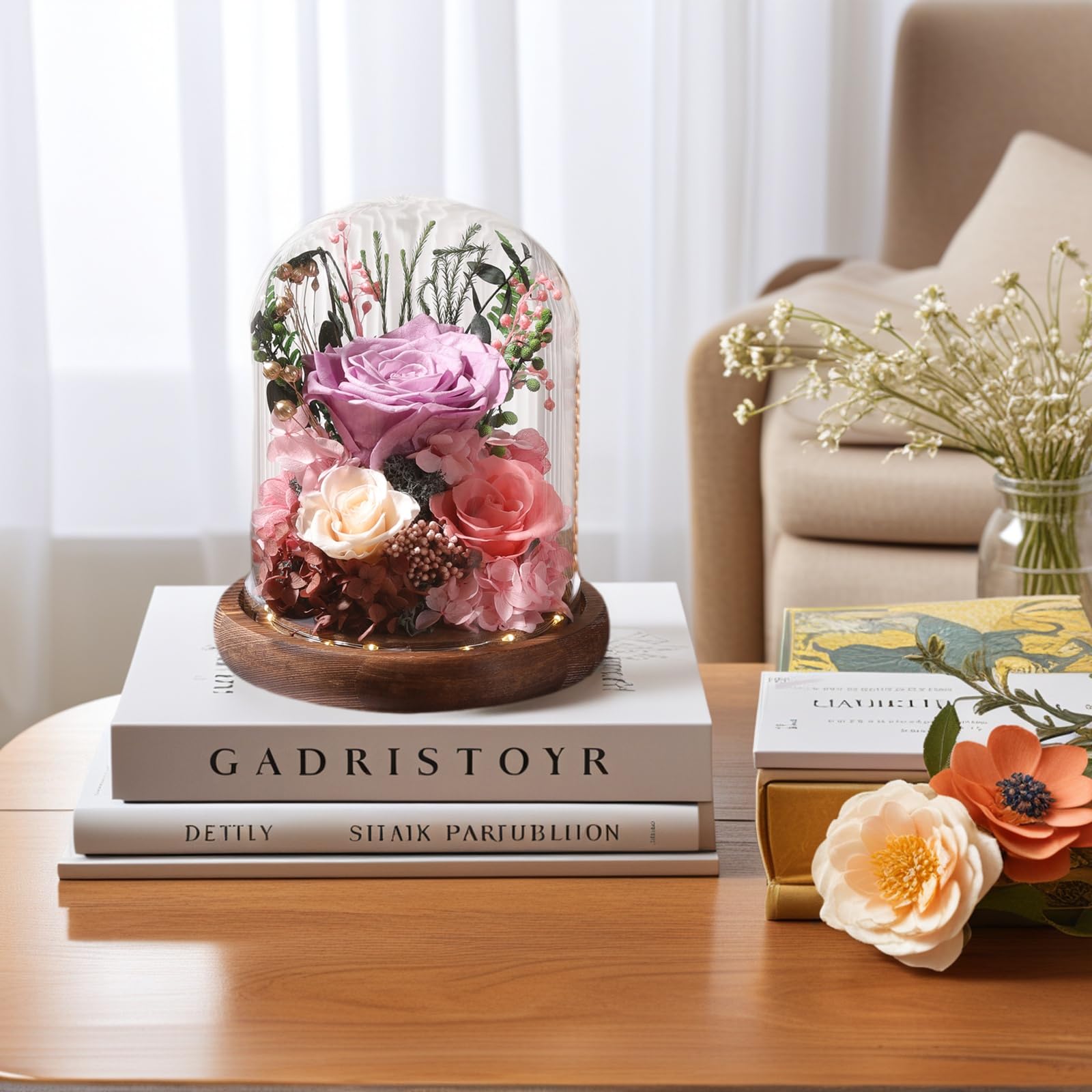 LOVENFOLD Flowers for Delivery Preserved Flowers lilac Roses with LED Light in a Glass Dome,Long Lasting Forever Flowers Birthday Gifts for Women Daughter Mom Wife Friend（lilac Rose）