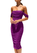 PRETTYGARDEN Summer Wedding Guest Dresses for Women 2026 Off the Shoulder Ruched Bodycon Spring Midi Cocktail Party Dress (Dark Purple,Medium)