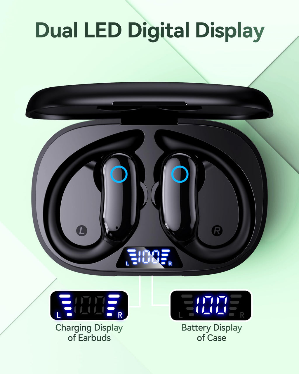 GNMN Active Noise Cancelling Ear Buds Wireless Earbuds 96hrs Playback Bluetooth Headphones Dual Battery Display Stereo Bass Earphones with Earhooks (Standard, Black)