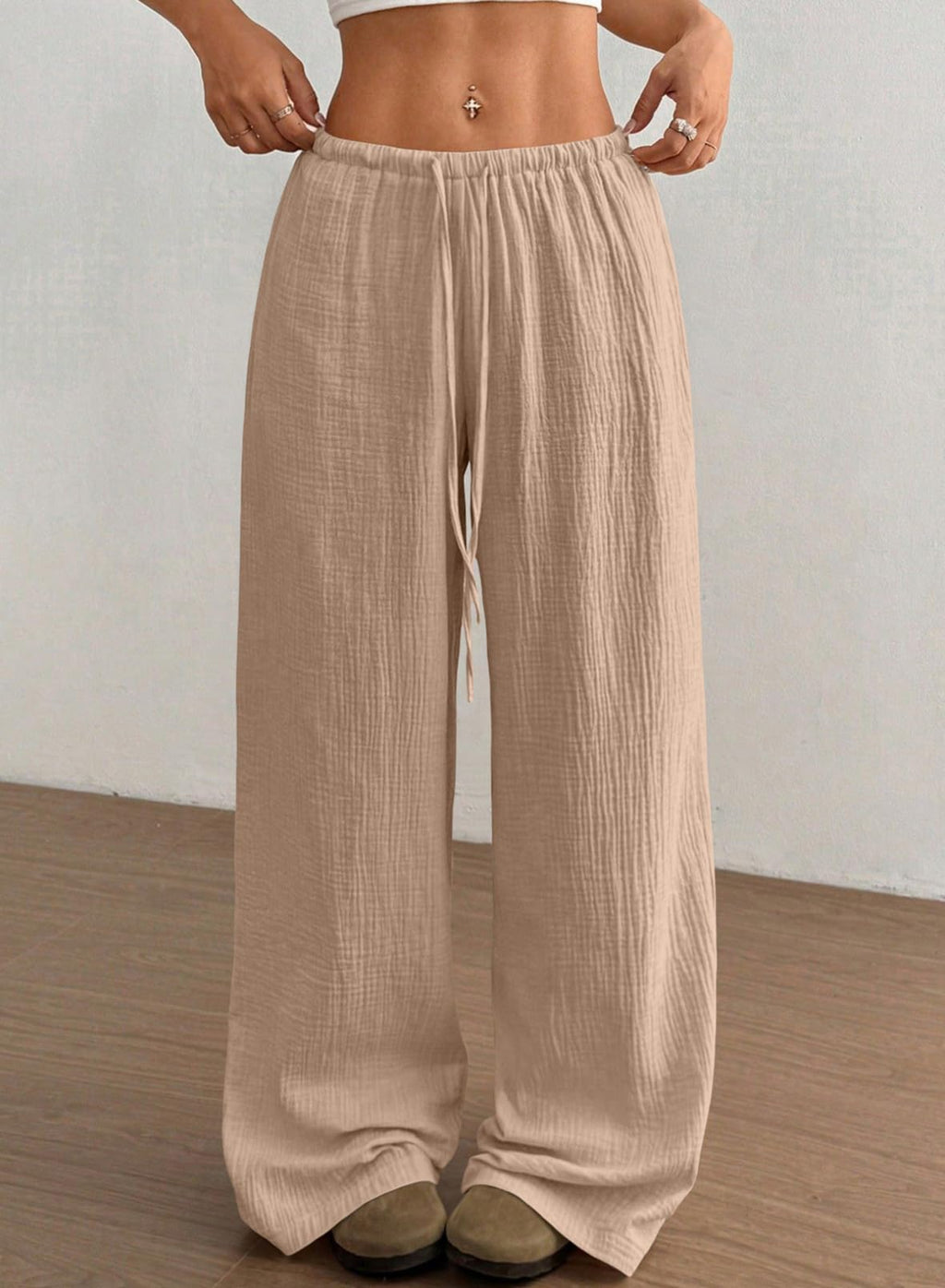 Acelitt Women’s Wide Leg Palazzo Pants Drawstring Elastic Waist Casual Loose Lounge Pants Beach Trousers Teacher Outfits for Women Light French Beige Small