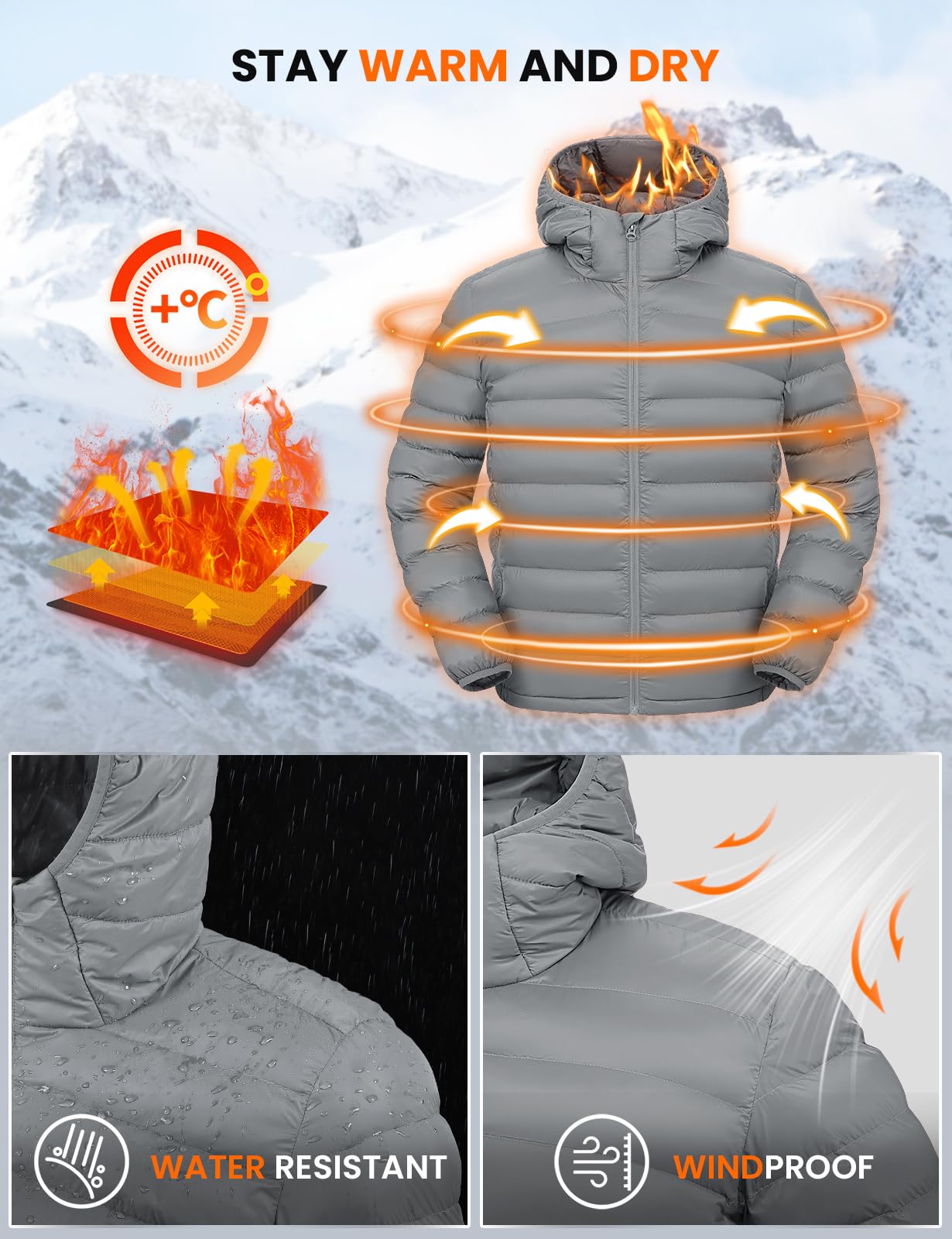 TBMPOY Mens Lightweight Packable Puffer Jackets with Hood Winter Bubble Coat Water-Resistant Puffy Jacket for Hiking Travel Ski Light Grey L