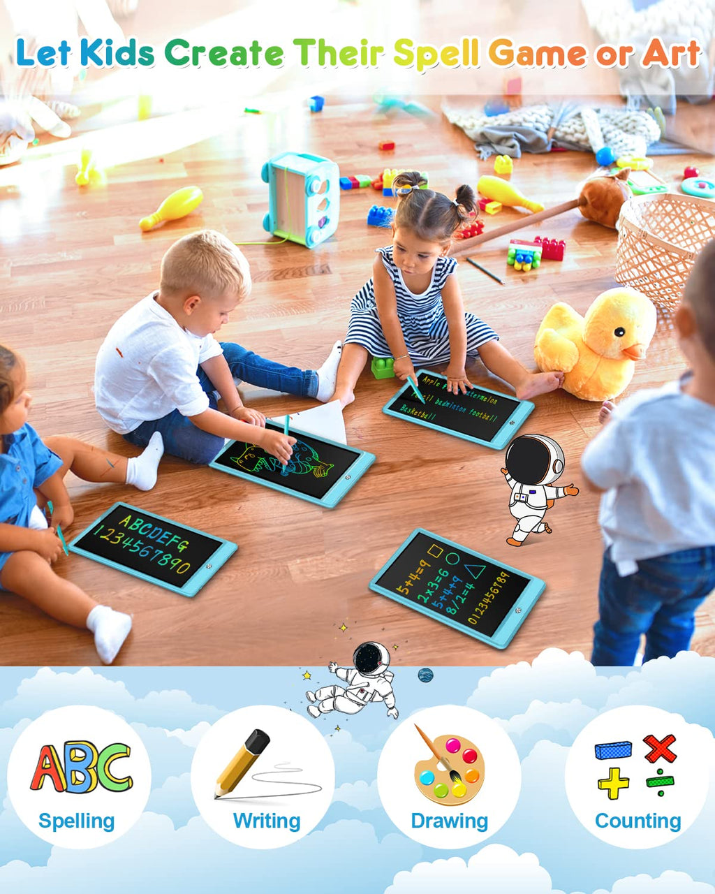 FLUESTON LCD Writing Tablet, Doodle Board Toys Gifts for 3-8 Year Old Girls Boys, 10 Inch Colorful Electronic Board Drawing Pad for Kids, Christmas Gifts for Toddler Educational Learning Travel, Blue