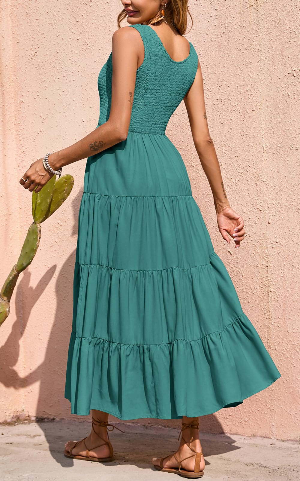 PRETTYGARDEN Sleeveless Flowy Spring Wedding Guest Dresses for Women Long Dress Smocking Top Crewneck Maxi Dresses (Bean Green, Small)