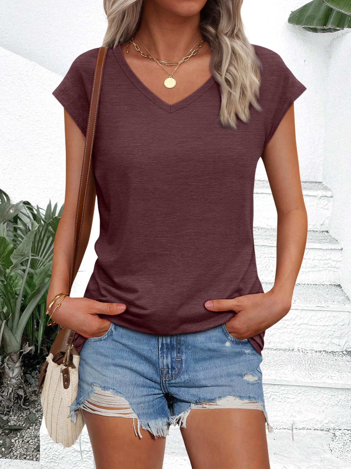 AUTOMET Womens V Neck T Shirts Spring Summer Cap Sleeve Basic Tees Trendy Cute Tops for Work Dressy Casual Beach Vacation Wine Red L