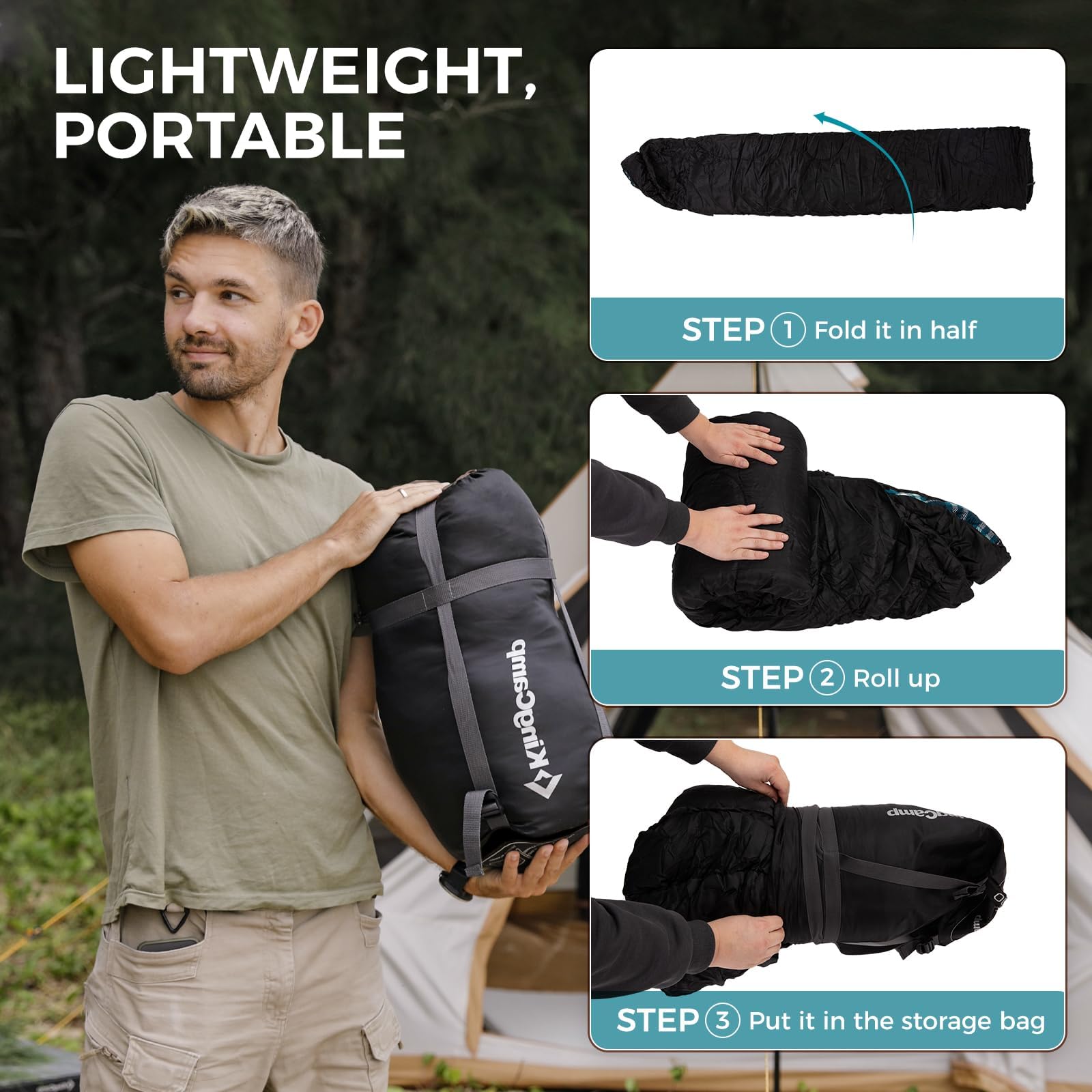 KingCamp Sleeping Bag for Adults, Cold Weather & Warm XL Big and Tall Flannel Sleeping Bags with Compression Sack Portable Waterproof Essentials Gear Accessories for Outdoor Camping (Black Left)