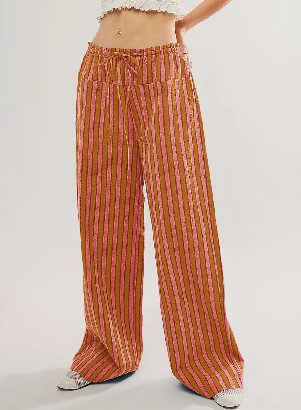 Acelitt Women Casual Striped Color Block Pants Drawstring Elastic Waist 2026 Winter Fashion Comfy Loose Low Rise Wide Leg Pants Trousers Red XXL