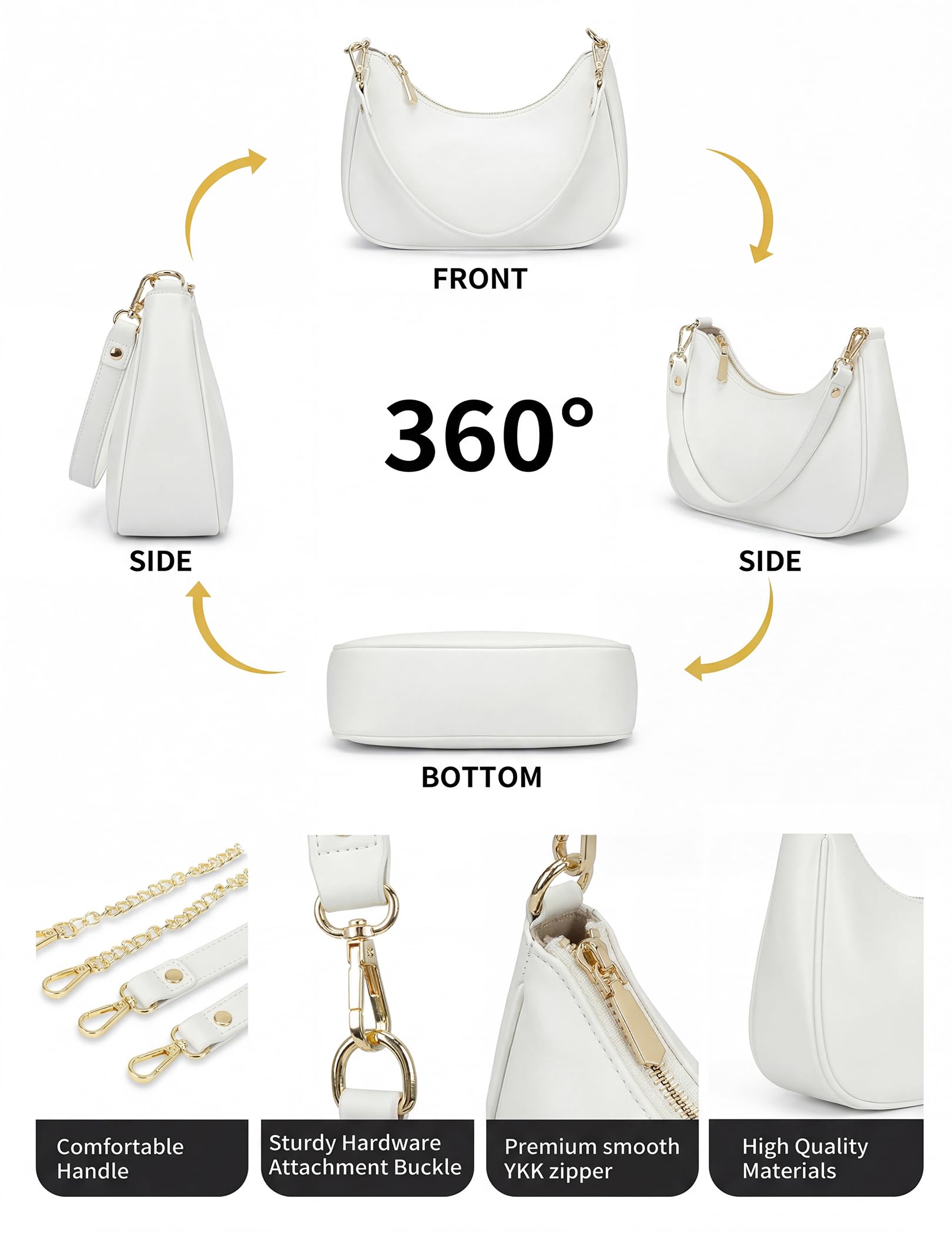 Mivorica Small Shoulder Bag for Women - Trendy little Crescent Purse & Underarm Handbag with Detachable Chain Strap - Cute Mini Hobo Clutch for Travel & Party, Cream White Vegan Leather