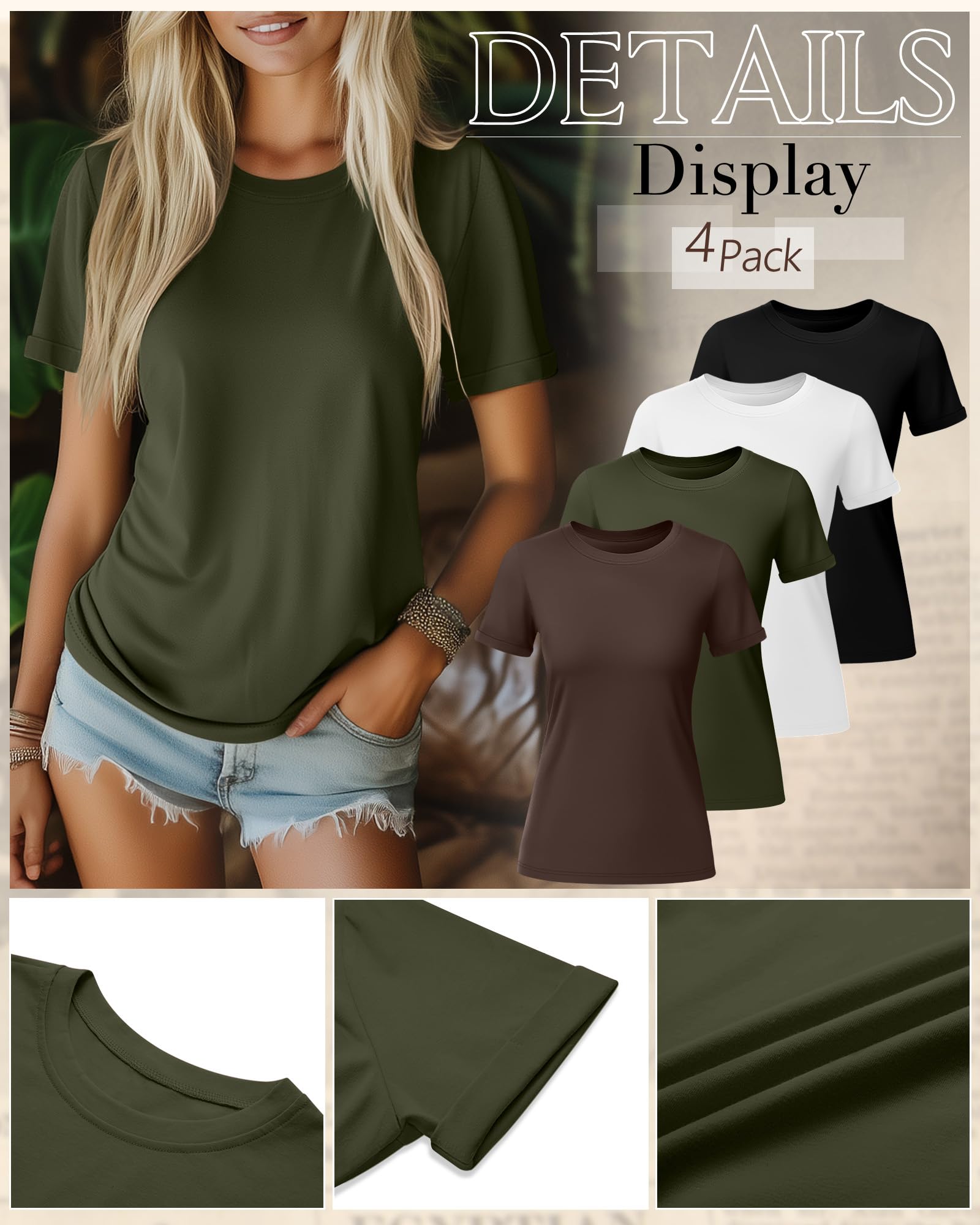 Ficerd 4 Pack Women's Cotton T Shirts Casual Short Sleeve Tunic Tops Crewneck Plain Summer Loose Fit Rolled Sleeve Basic Tee(Black, Dark Gray, Light Gray, White,Large)