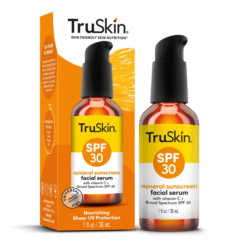 TruSkin Sunscreen Serum for Face - SPF 30 Universal Tinted Mineral Sunscreen Face Serum with Zinc Oxide - Sheer, Lightweight Finish with Vitamin C, Hyaluronic Acid, Ceramides & Niacinamide, 1 fl oz