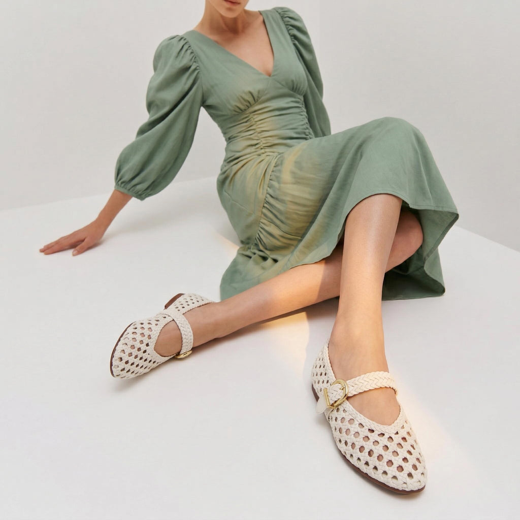 CUSHIONAIRE Wit Hand Woven Womens Flats, Comfortable Mary Jane Ballet Flat with Adjustable Buckle Braided Strap and Cushioned Memory Foam, CREAM 7W