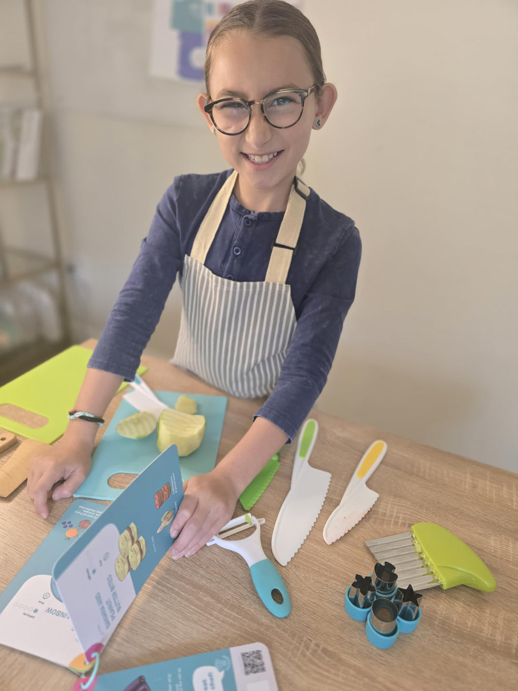 Toddler Safe Knife Set with Recipe Book - Includes Peeler, Cutting Board, and Chopper - Real Kitchen Tools for Kids Ages 4-12