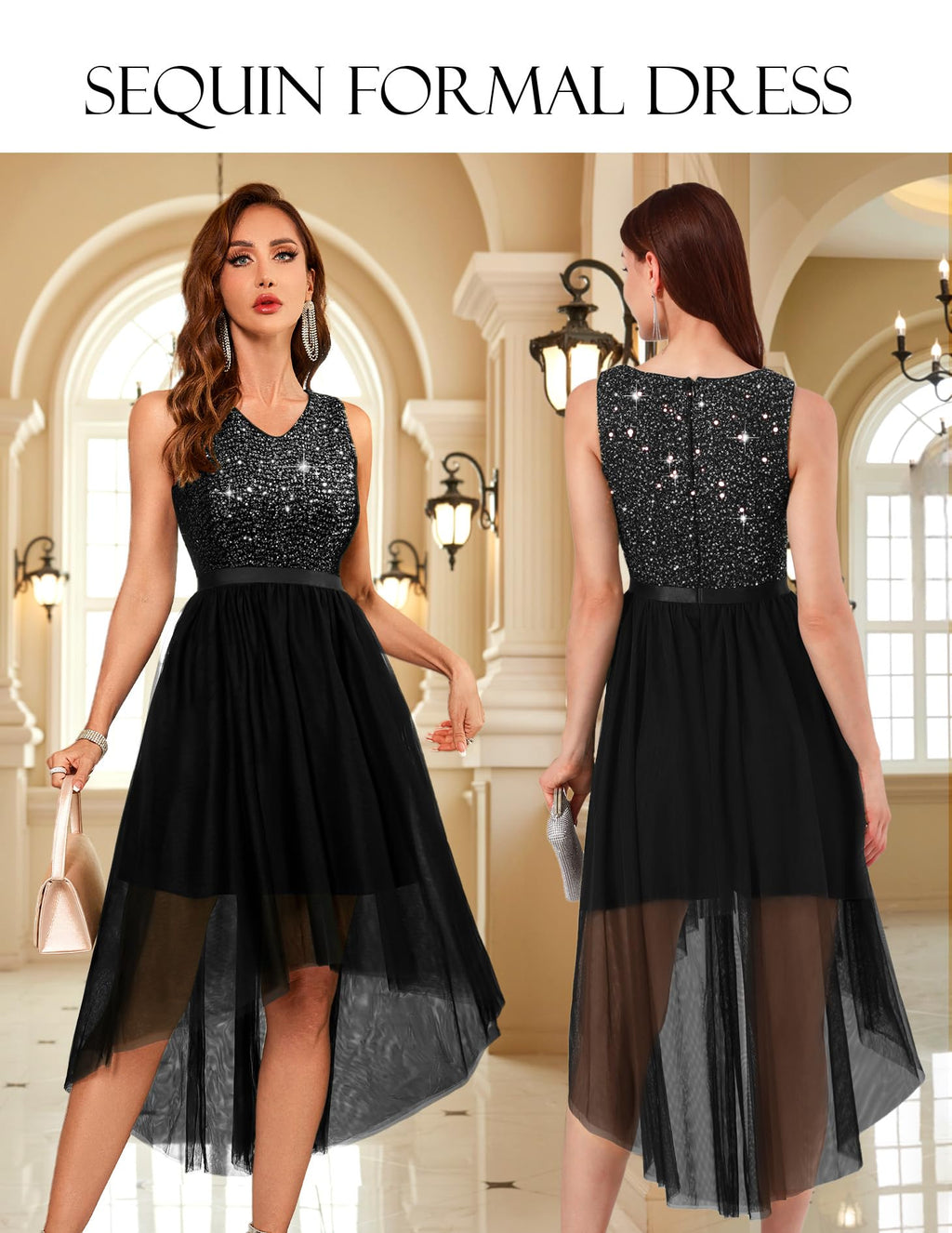 BeryLove Women's Sequin Party Dress Homecoming Formal Cocktail Swing Wedding Dressws High Low Sleeveless V-Neck Prom Gowns S003 Black L