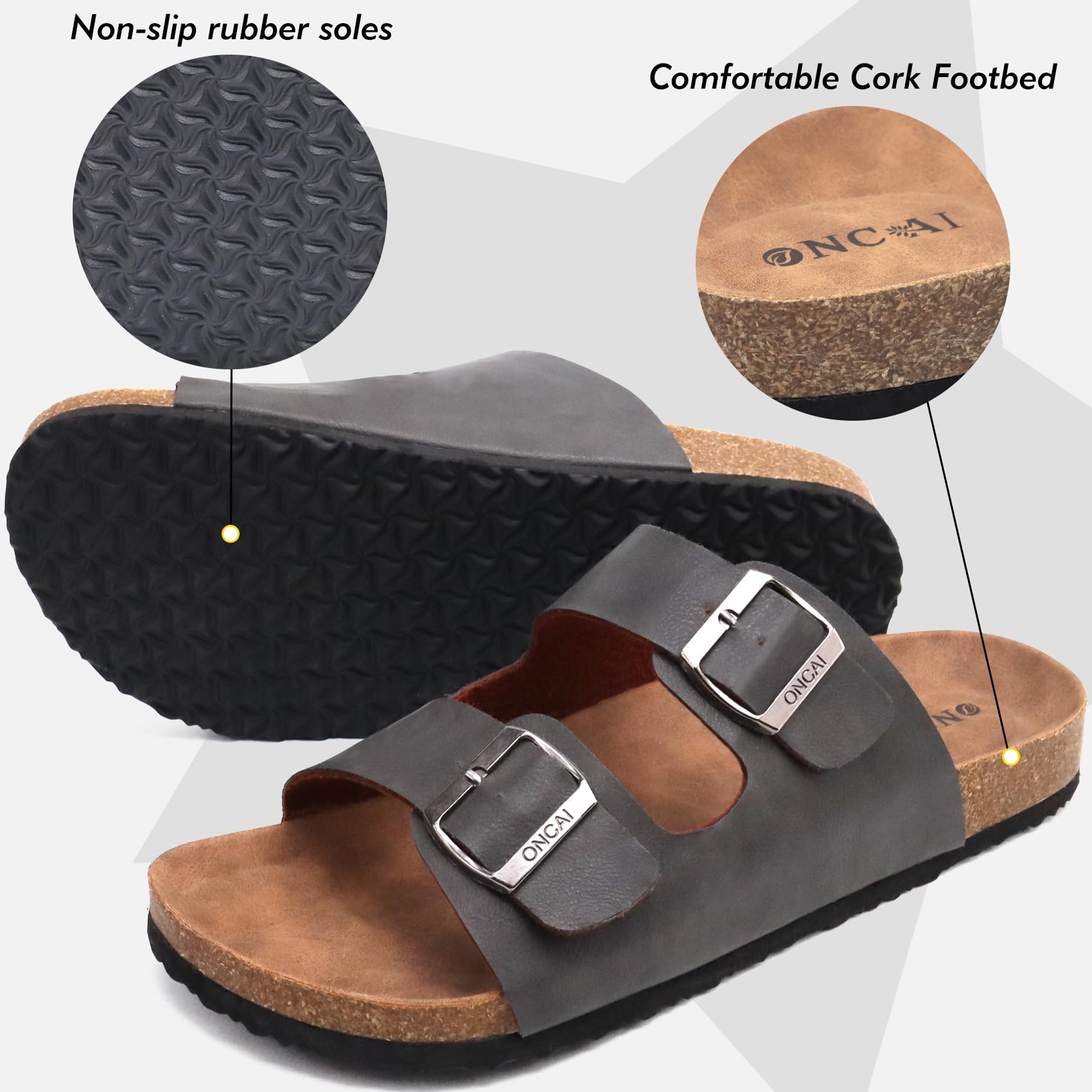 ONCAI Mens Slide Sandals，Adjustable Buckle Straps Arch Support Cork Footbed Slippers for Men 2026 Comfortable Casual Summer Beach non Slip Slides Shoes Grey Size 10