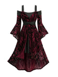 ROSE GAL Plus Size Womens Renaissance Costume Dress Medieval Goth Cold Shoulder Trumpet Sleeves Floral Flocking Twist High Low Midi Halloween Witch Dress(Red_1/2X)