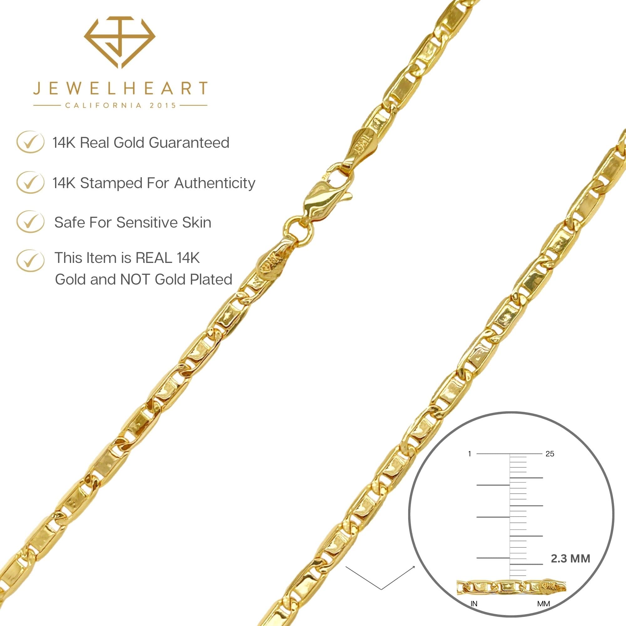 JEWELHEART 14K Gold Necklaces For Women Trendy 2.3mm Yellow Real Gold Valentino Mirror Chain Polished Links Men's 14K Gold Chain Necklace with Lobster Clasp 18"