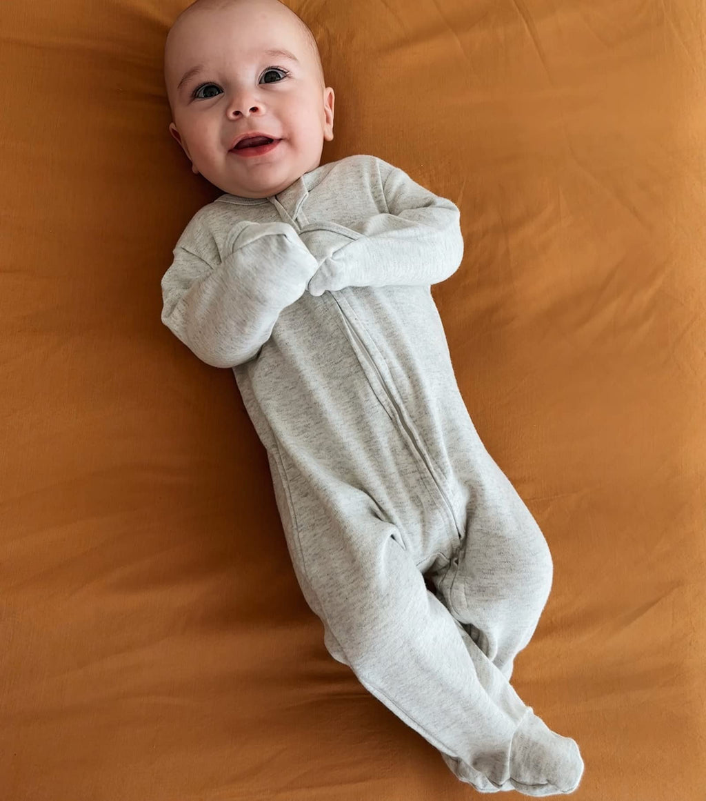 Aablexema Baby Footie Pajama with Mitten Cuffs, Double Zipper Infant Cotton clothes Sleeper Pjs, Footed Sleep Play(Ivory & Grey & Blue,12-18 Months)
