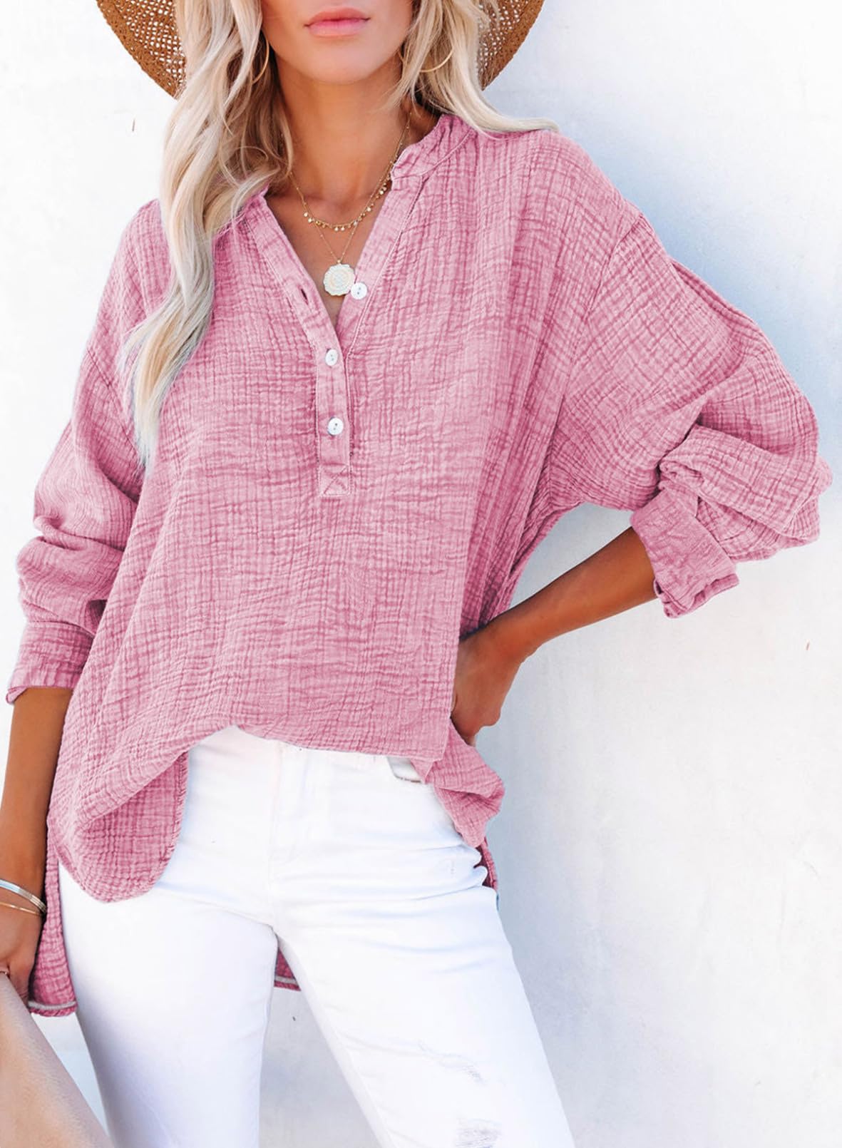 Dokotoo Womens Fashion 2026 Summer Clothes Button V Neck Long Sleeve Shirts Cotton Office Workout Pullover Blouses Tops Resort Wear for Women Tops Dressy Casual Large Pink
