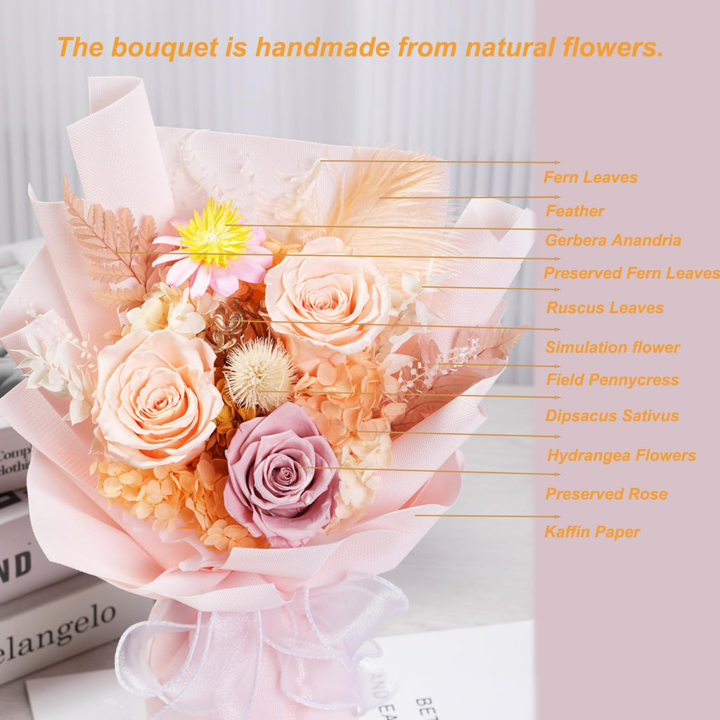 Lovenfold Preserved Flowers Bouquets for Delivery, Champagne Rose Bouquets that Last 1-3 Years, Birthday Gifts for Women Mom Grandma Wife Friends