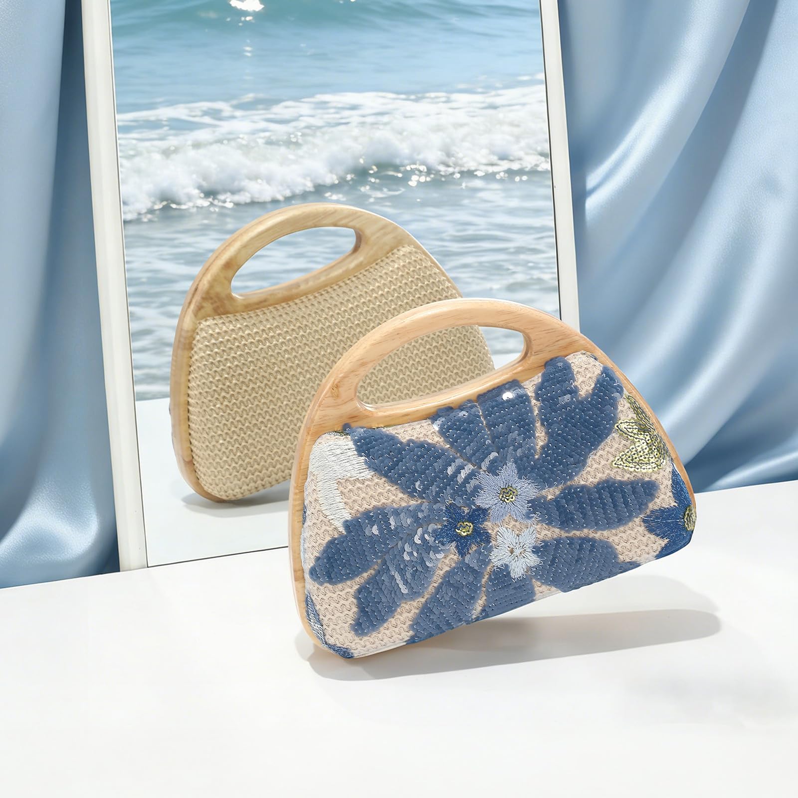 XquiziFit Blue Clutch Straw Purse Beaded Purse Woven Evening Purse Embroidered Sequined Clutch