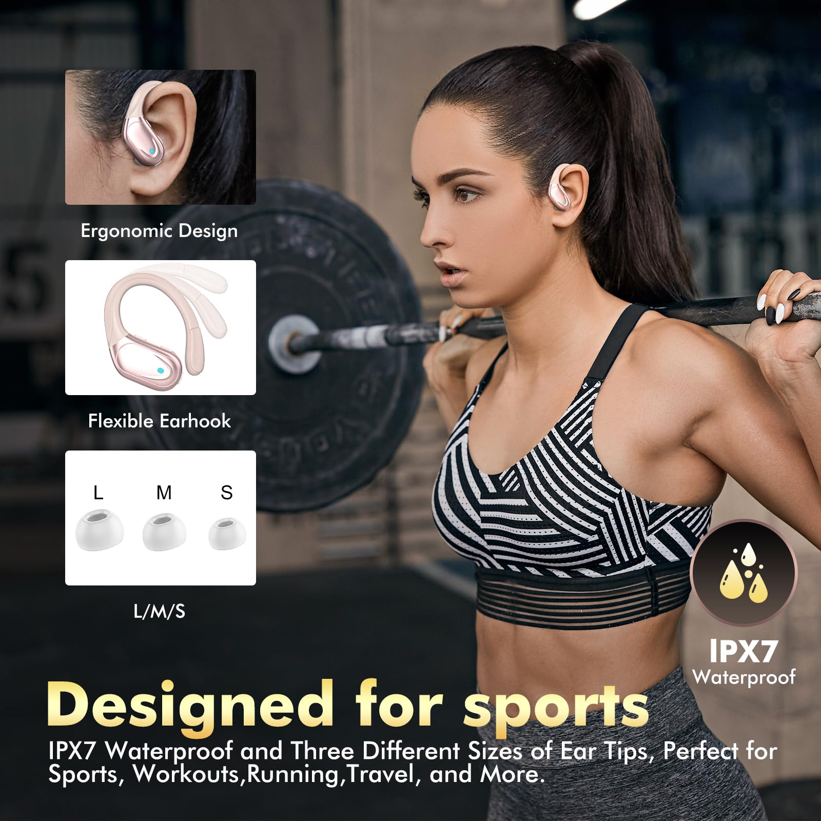 HAOYUYAN Wireless Earbuds, Sports Bluetooth Headphones, 80Hrs Playtime Ear Buds with LED Power Display, Noise Canceling Headset, IPX7 Waterproof Earphones for Workout/Running（Rose Gold）