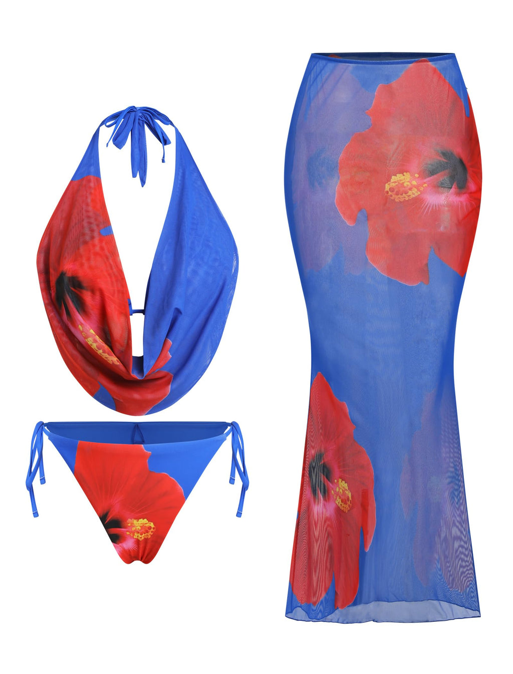 ZAFUL Women's 3 Piece Floral Swimsuit Draped Neck Halter Bikini Tie Side Bathing Suit with Sheer Cover Up Skirt 0-Blue Red Flower M