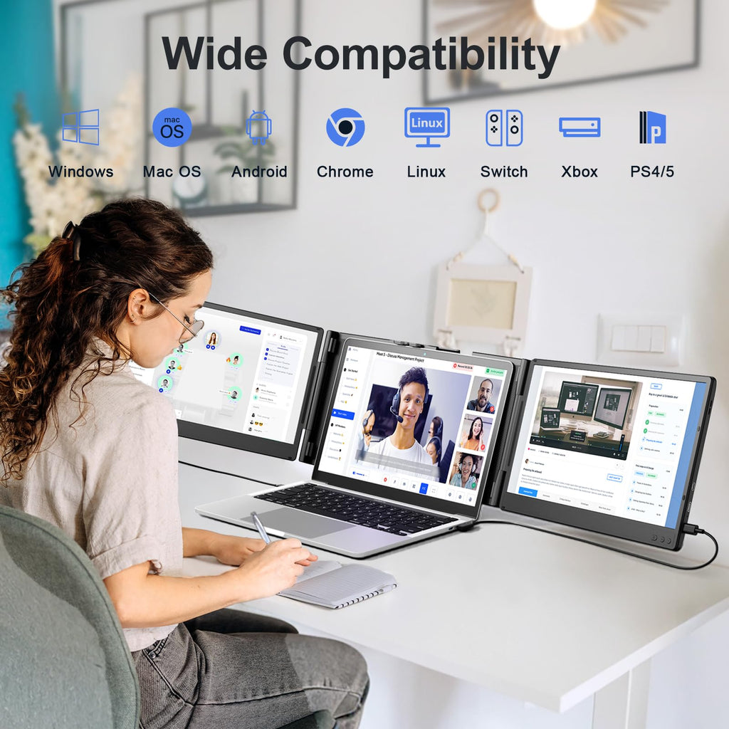 Wixzet Laptop Screen Extender, 14" FHD 1080P Portable Monitor for Laptop, Plug&Play Triple Screen Extender, Auto Adjust Width Dual Monitor for 13" - 17" Laptops, Compatible with MacOS/Wins/Chrome/Dex