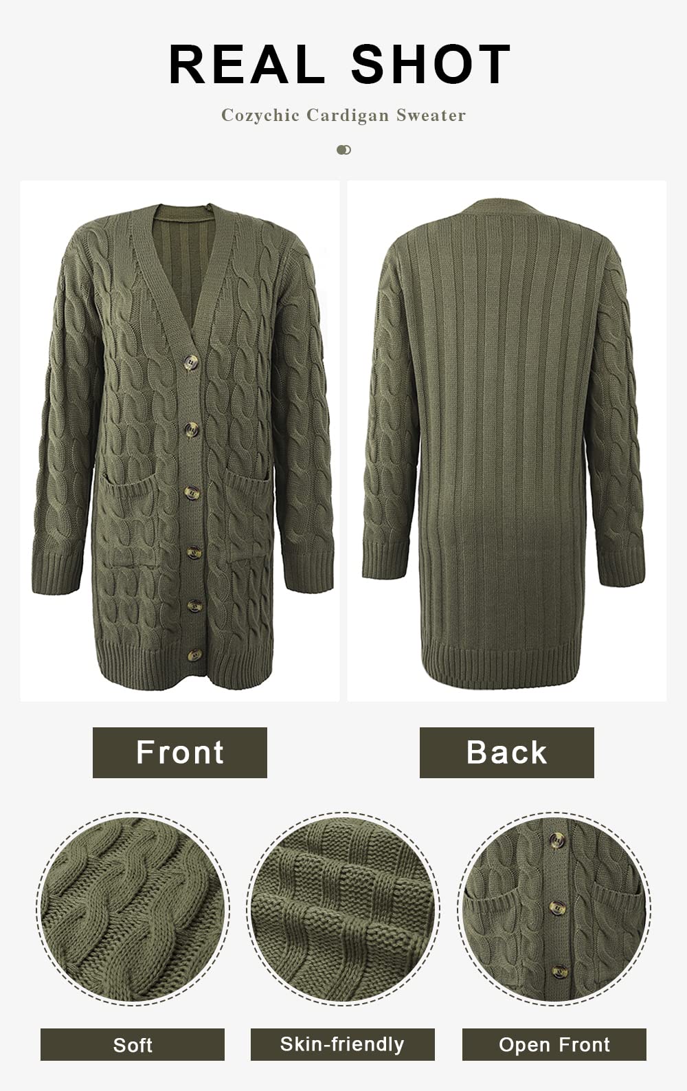 PRETTYGARDEN Long Sleeve Cable Knit Long Cardigan for Women 2026 Spring Winter Chunky Open Front Button Sweaters with Pockets (Army Green, Small)