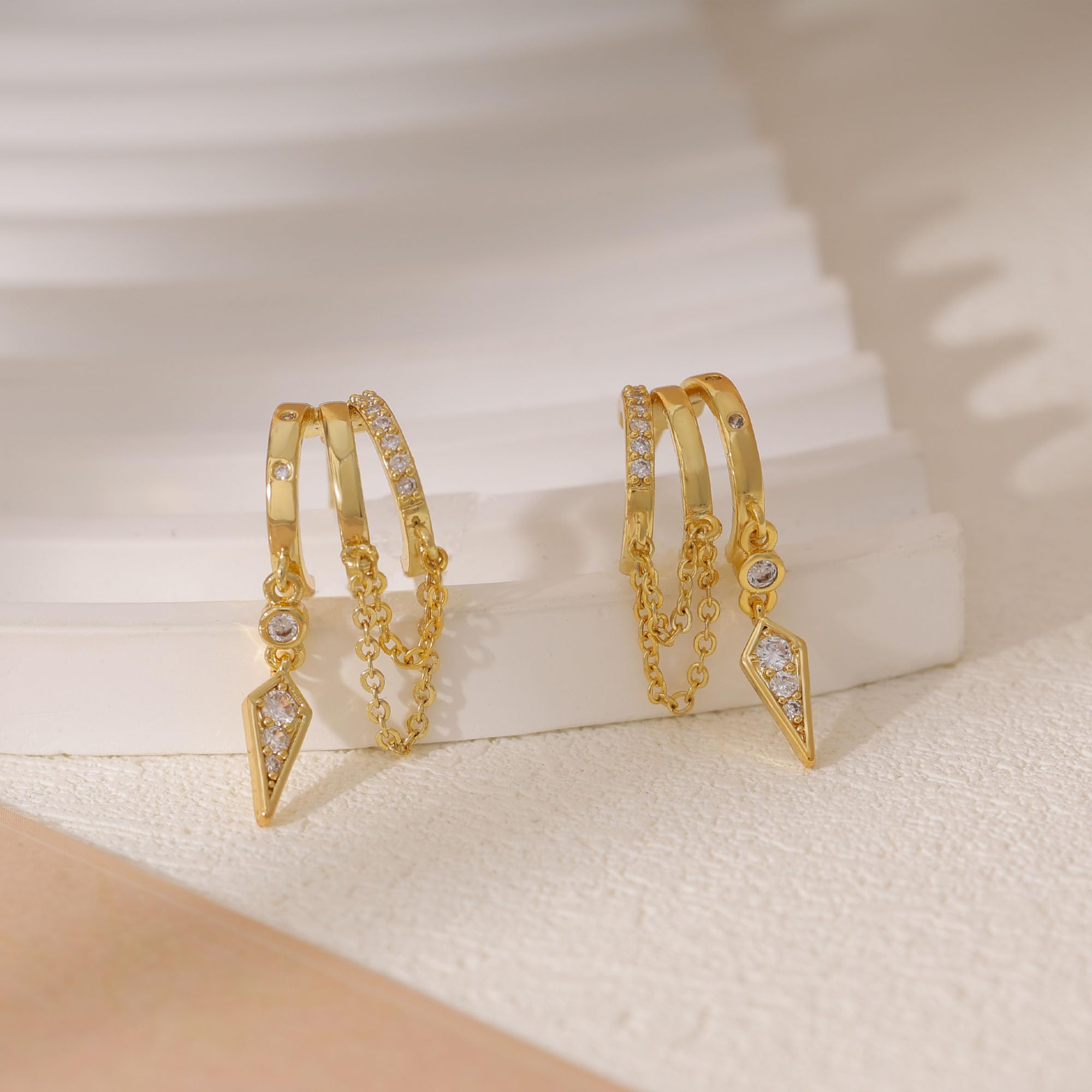 SELSHE Huggie Earrings for Women,Dainty Chain Earrings 14k Gold Plated Long Drop Earrings Hypoallergenic Small Triple Hoop Earrings for Women Trendy Cute Statement Earring Fashion Womens Jewelry