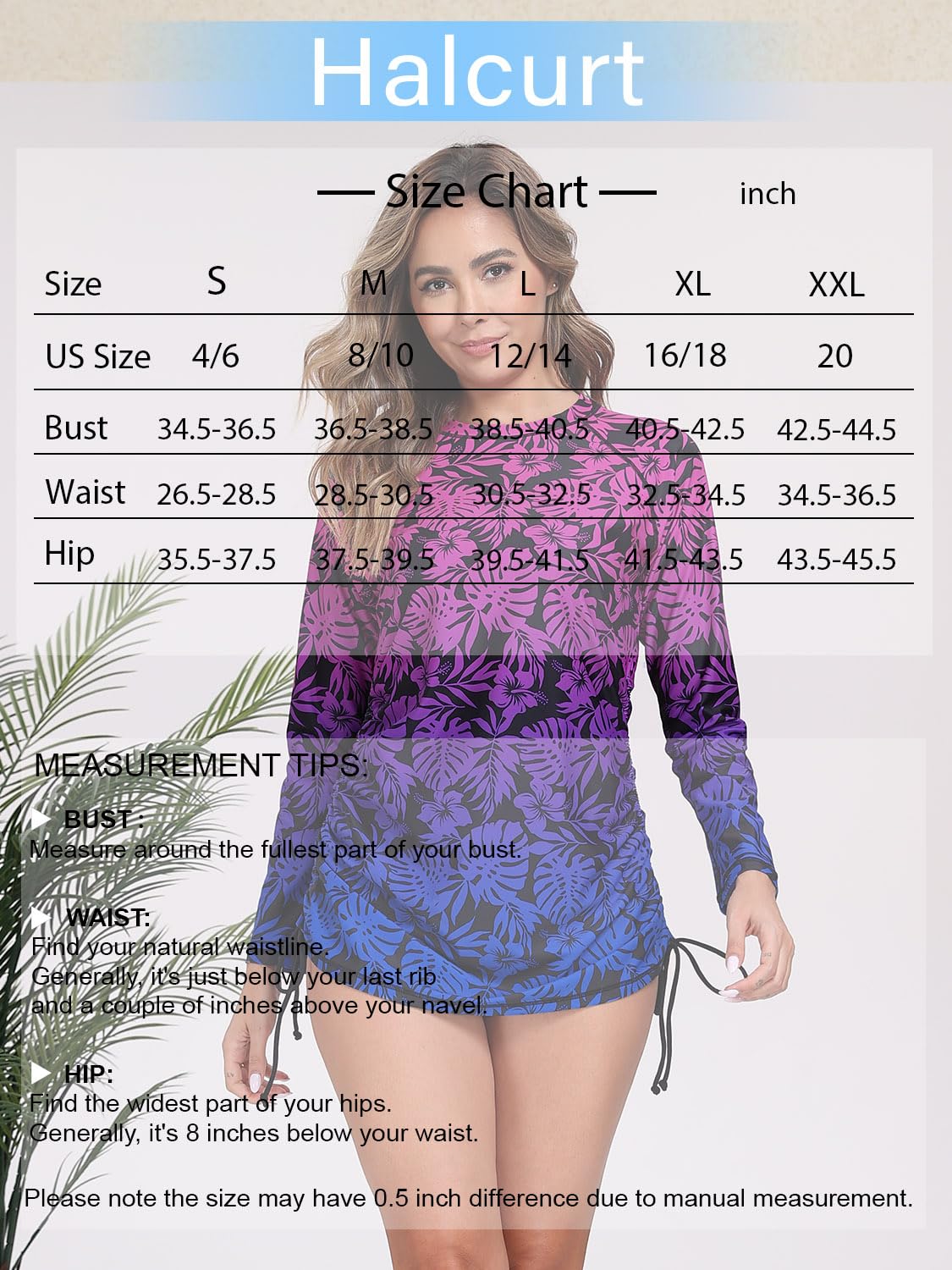 Halcurt Women's Long Sleeve Rash Guard Swim Shirt with Tie Drawstring UPF 50+ Sun Protection Swimsuit Top Ombre Palm Leaf M