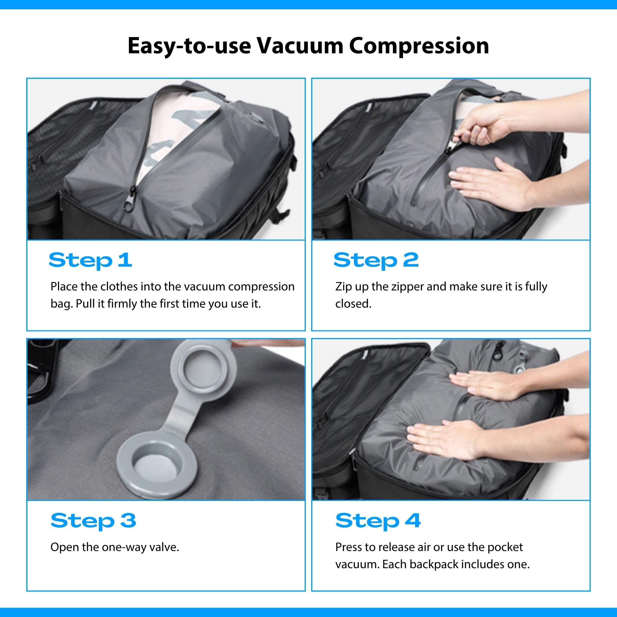 MEGABACK Vacuum Travel Backpack, 70L Expandable Air Vacuum Backpack for Travel, Vacpack Travel Vacuum Bags with Pump, TSA Lock, USB Charging Port, Waterproof