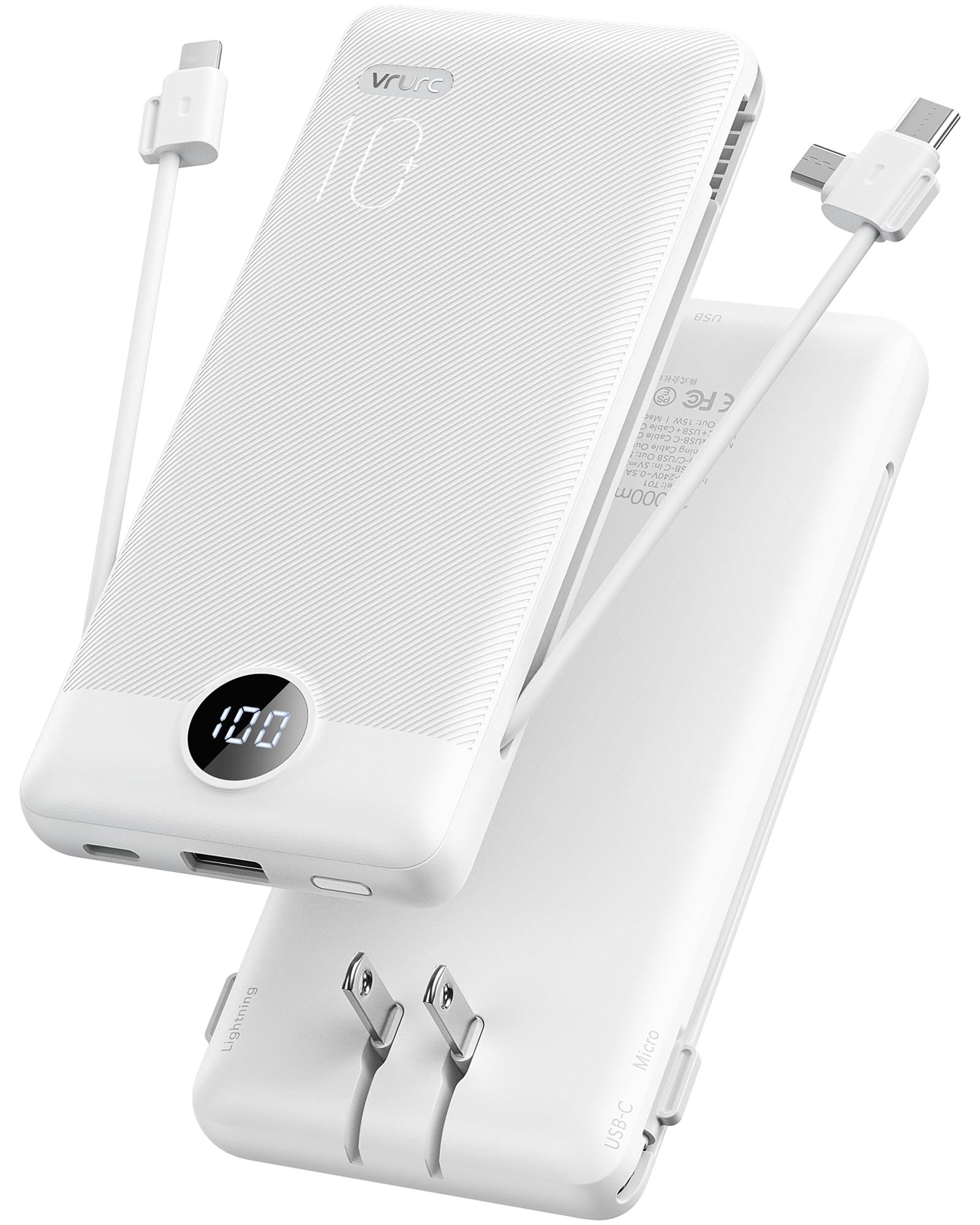 VRURC Portable Charger with Cables and Wall Plug | Power Bank with Cords | 10000mAh Portable Charger with AC Plug | External Battery Pack (Pure White)